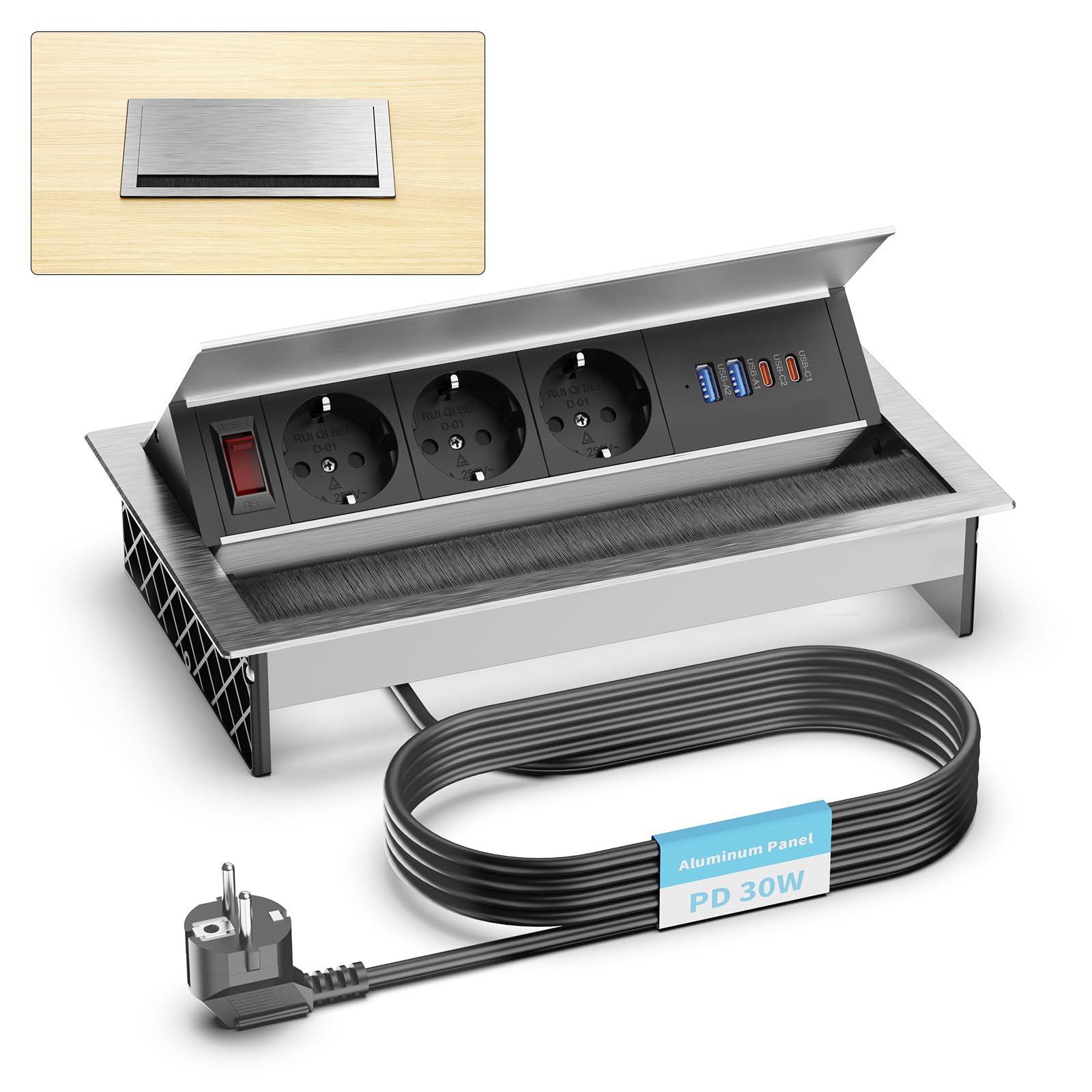 Wysuwane gniazdko z aluminium z USB-C PD 30 W, gniazdko do zabudowy z 3 gniazdami i 4 portami USB, wpuszczane gniazdko na biurko i do kuchni, regulowany kąt, kabel 1,8 m, kolor srebrny
