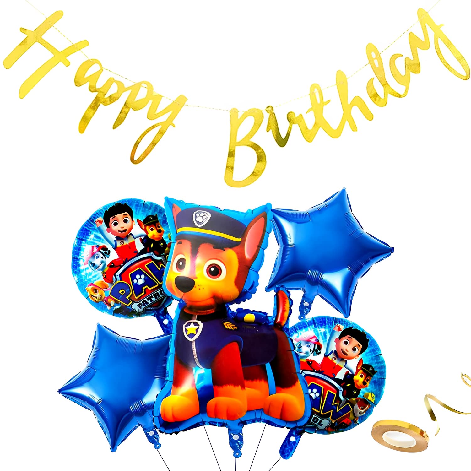 Propsicle Paw Patrol Foil Balloon Pack of 5 with Happy Birthday Golden Cursive Banner Pack of 5 Baby Birthday Party Supplies Item
