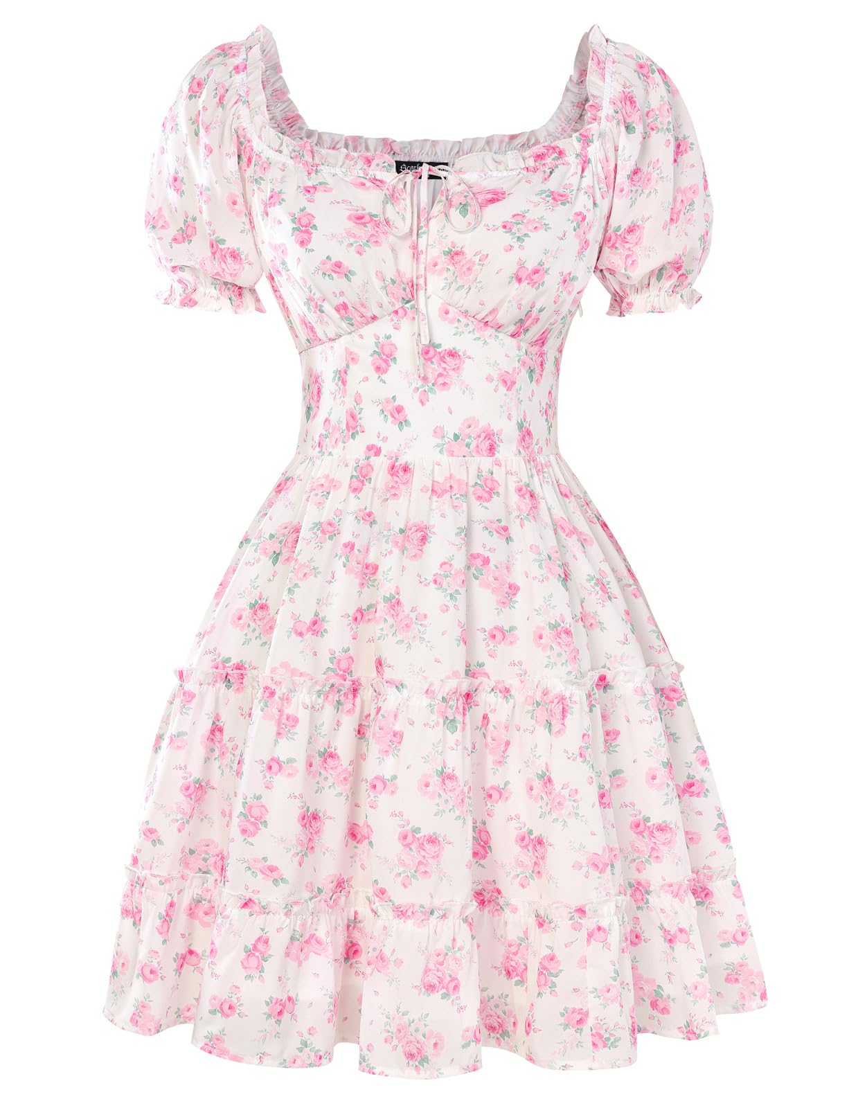 SCARLET DARKNESS Mini robe florale pour femme avec col carré et manches | Col carré à volants avec cordon de serrage sur le devant, taille ajustée, jupe à volants, robe d'été décontractée trapèze