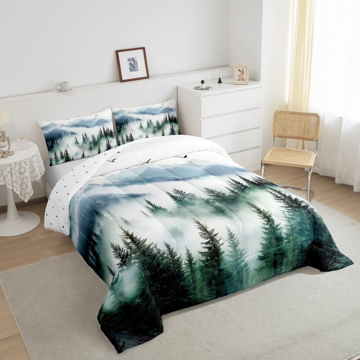 jejeloiu Woodland Forest Tree Bedding Set Queen Size Kids Botanical Dark Green Comforter Cover Ombre Nature Landscape Duvet Cover Breathable Soft Lightweight Microfiber Quilt Set