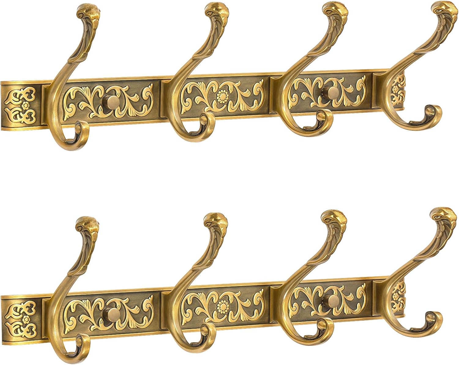 Vintage Coat Rack Wall Mount, Decorative Wall Coat Rack with 4 Hooks for Hanging Key Purse Hat Robe Towel Clothes Unique Hanger for Bathroom Shower Entryway Antique Brass 2 Pack