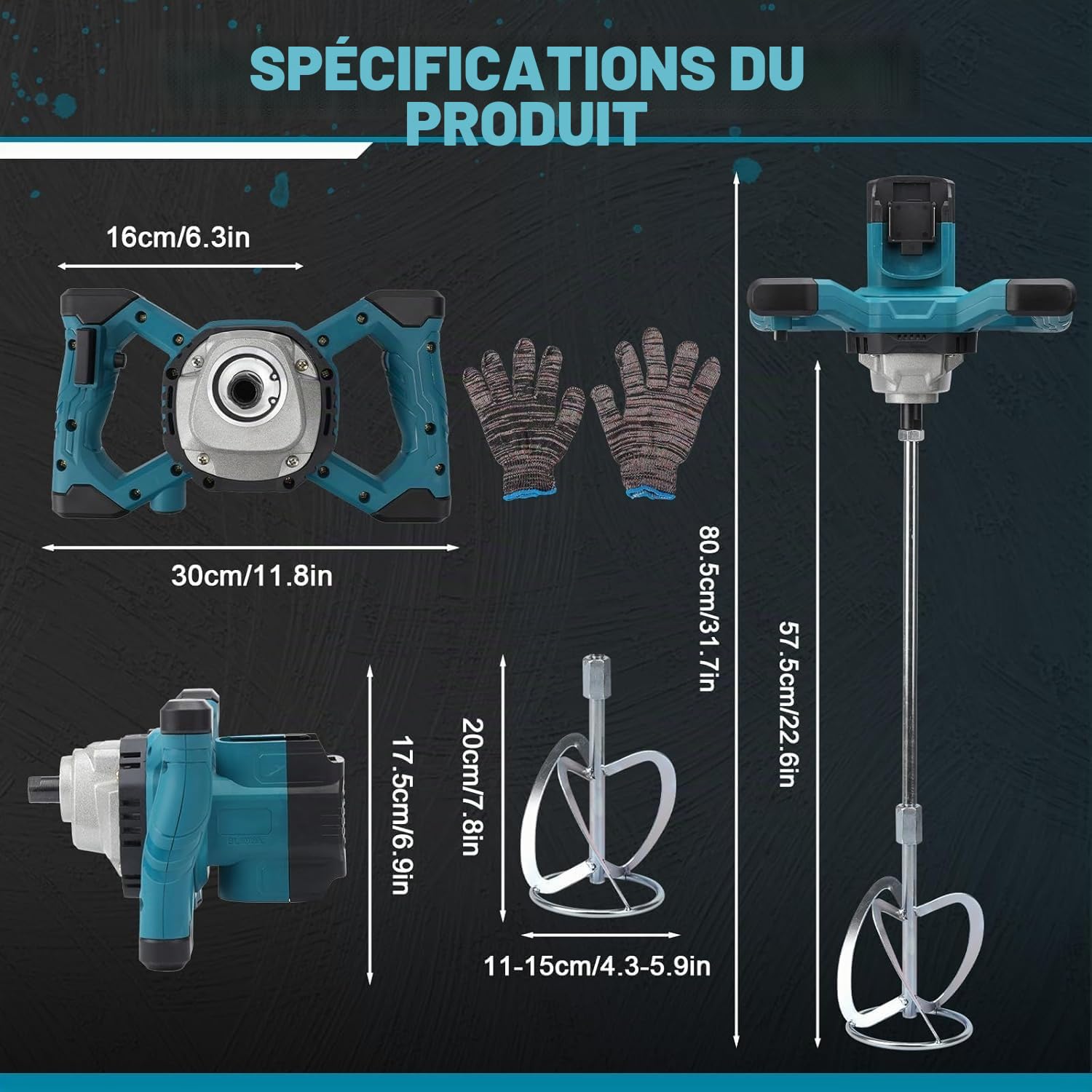 Malaxeur Mortier Compatible avec Batterie Makita, 3200 W batteur de mortier de couleur, max 680 tr/min, mélangeur électrique à palette avec 6 vitesses, 2 tiges mélangeurs (sans Batterie)