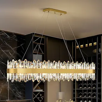 Modern Chandelier, 20-Lights 2 Tiers Gold Rectangular Chandeliers for Dining Room, 52'' Luxury K9 Raindrop Crystal Chandeliers, Adjustable Kitchen Island Chandelier for Living Room, Foyer Entryway