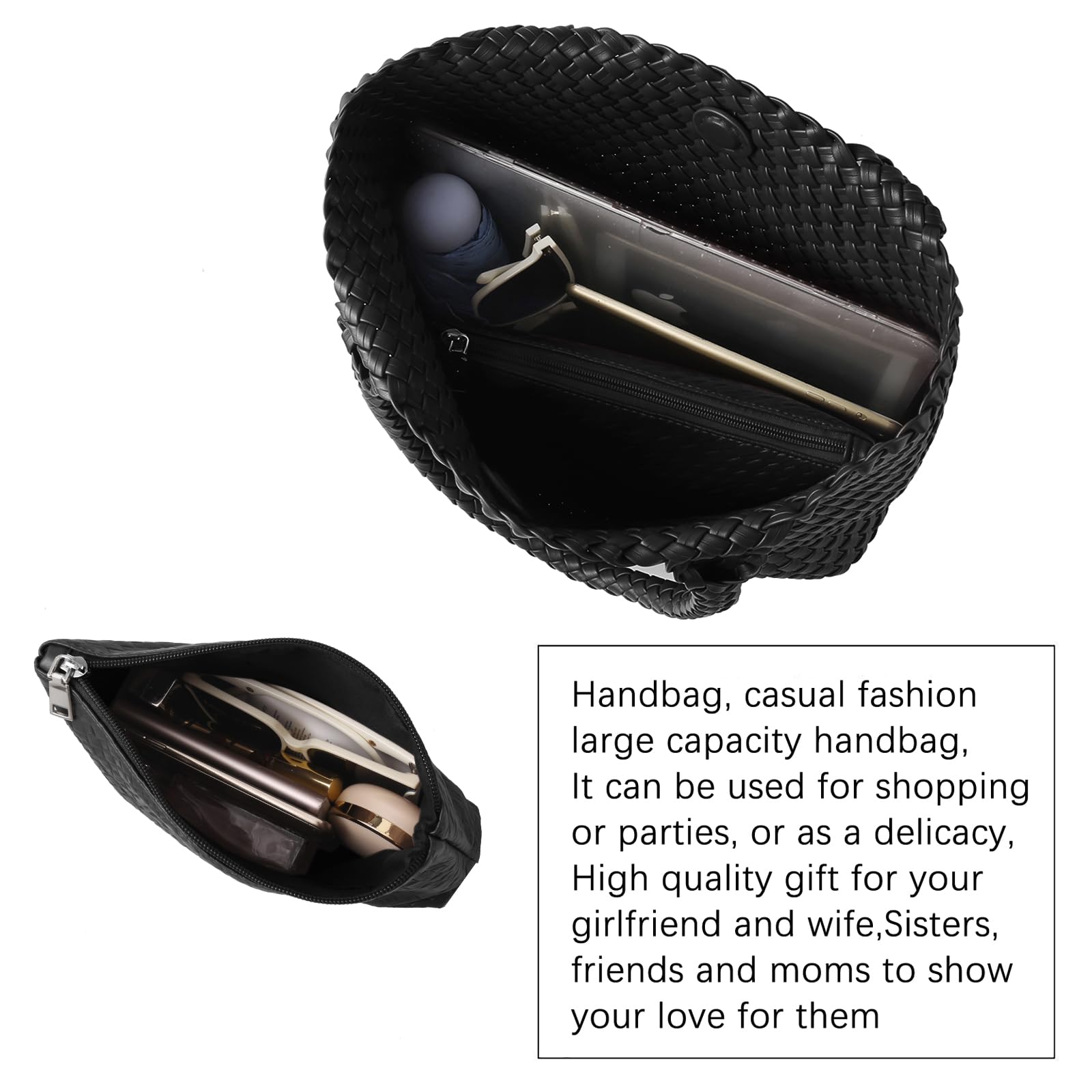 Handgewebte Tasche für Damen, oberer Griff, Schultertasche, veganes Leder, groß, für Reisen, Strand, Hobo-Handtasche