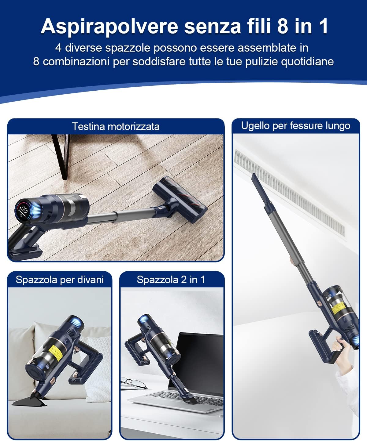VICSONIC Aspirapolvere Senza Fili, 520W 33KPa Scopa Elettrica Senza Fili Potente, 8-in-1 Scopa Senza Fili 65 Minuti di Autonomia, Smart Touch Display, 180° Pieghevole, 4 Livelli di Potenza (Blu) VICSONIC Aspirapolvere Senza Fili, 520W 33KPa Scopa Elettrica Senza Fili Potente, 8-in-1 Scopa Senza Fili 65 Minuti di Autonomia, Smart Touch Display, 180° Pieghevole, 4 Livelli di Potenza (Blu)