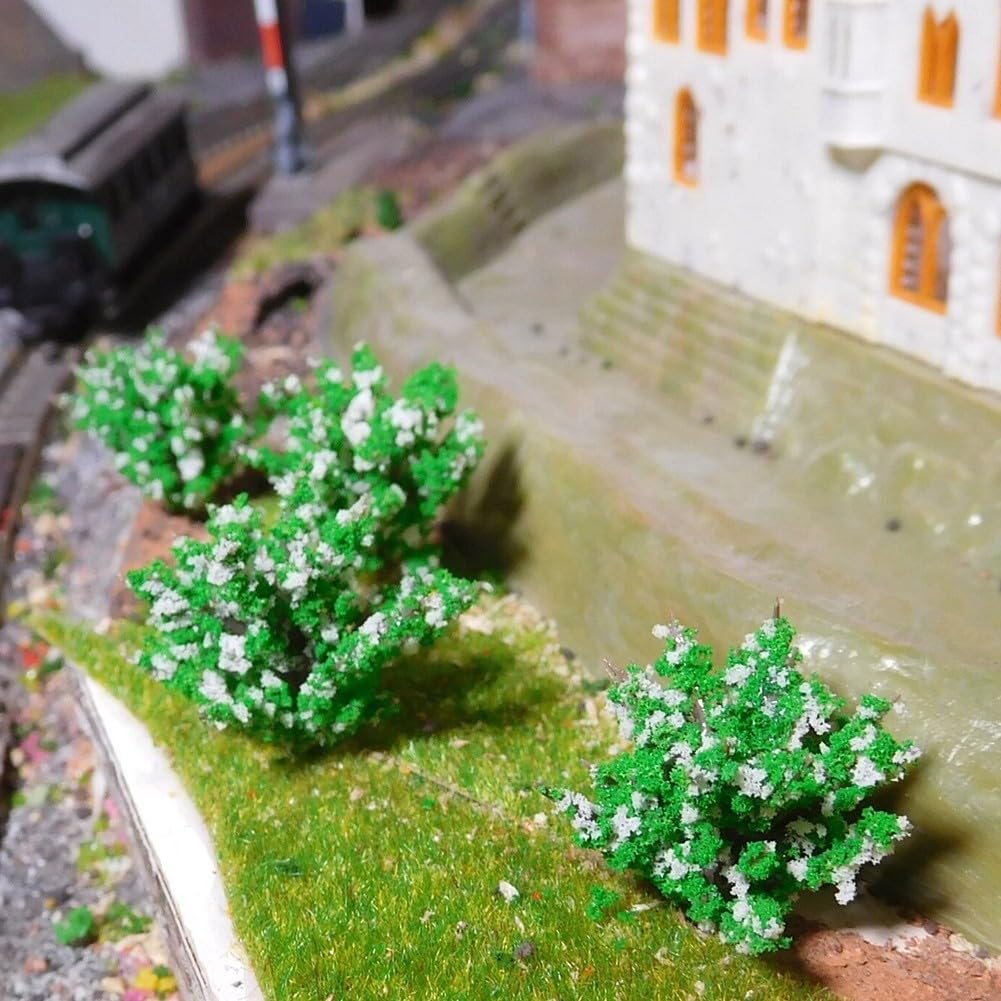 100 árboles de modelo, arbustos verdes en miniatura, flores blancas, 3 cm de alto, paisajismo al aire libre, decoración de paisajismo