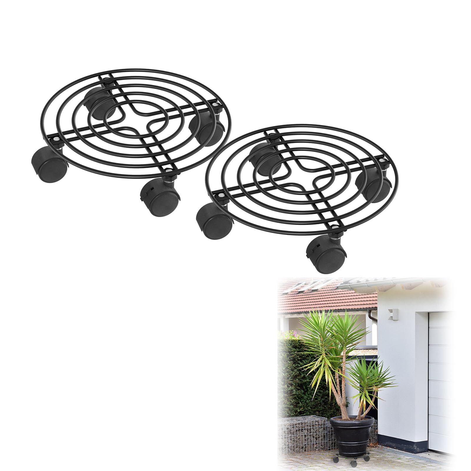 Froadp 2 ruedas redondas de 30 cm para plantas con 4 ruedas, soporte decorativo para plantas, de hierro forjado para exteriores e interiores, tipo B