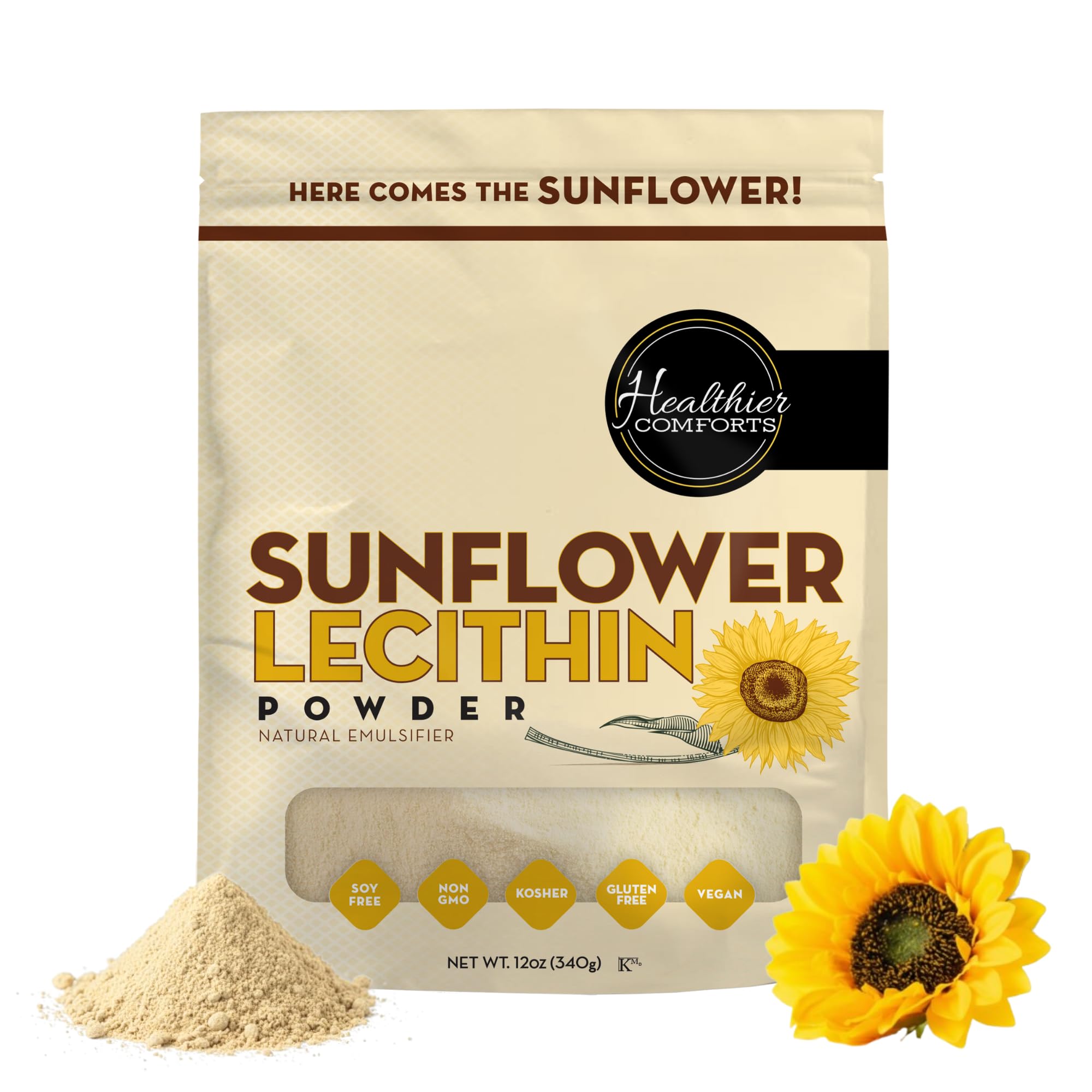 Healthier Comforts Sunflower Lecithin Powder (12 oz) | Non-GMO, Plant-Based Emulsifier for Smoothies, Baking, Chocolate, Salad Dressings & DIY Skincare | Natural Phospholipid Source 12 Ounce (Pack of 1)