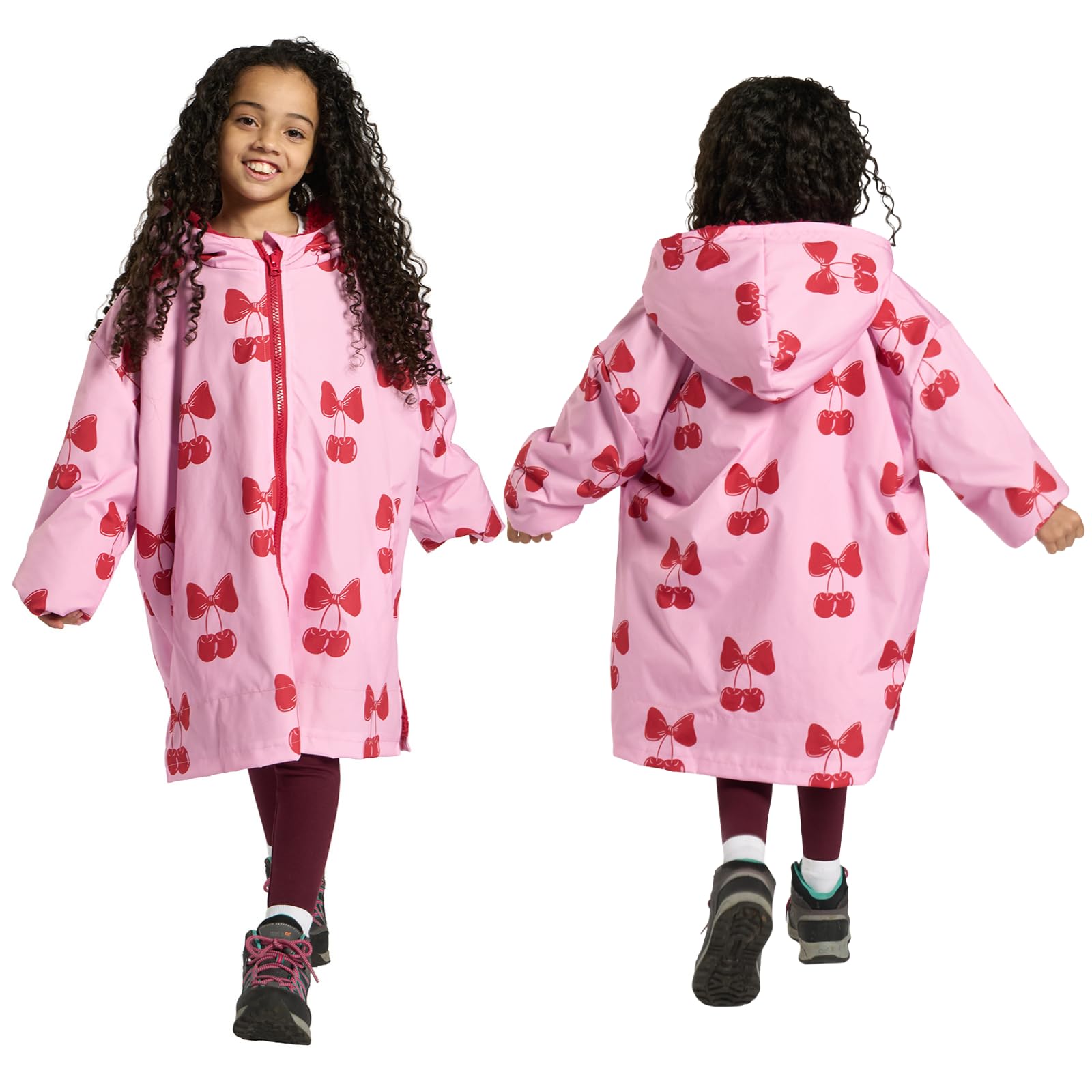 OHS Cherry Bow Dry Robe Boys Girls Coat, Oversized Waterproof Jacket Lightweight Fleece Lining Kids Changing Robe with Hood & Pockets Rain Coat Breathable Girls Clothing for Beach Outdoor, L/XL