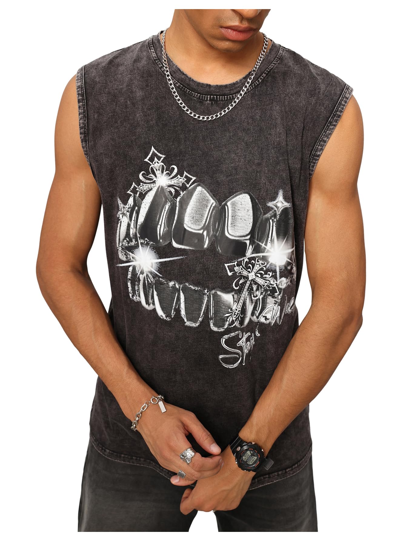 Verdusa Men's Punk Gothic Graphic Tank Top Crew Neck Washed Sleeveless Tops