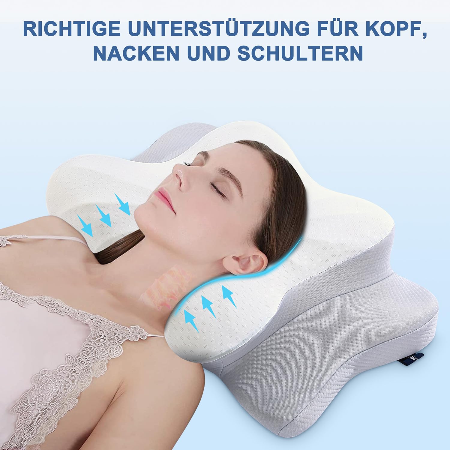 DONAMA Memory Foam Nackenkissen Ergonomisch, 6-Zonen-Kontur, Kühlend & Atmungsaktiv, mit Armauflage & Zwei Höhen