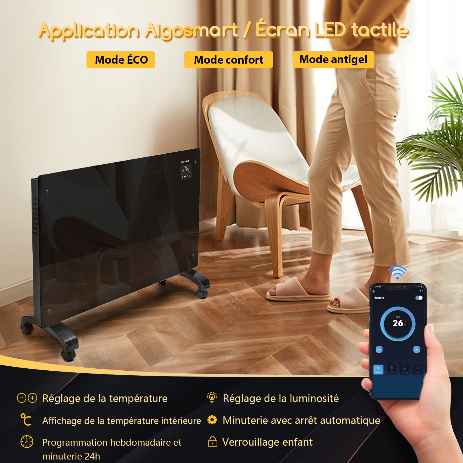 Aigostar Helen Smart - Radiateur Electrique, 2000W, Convecteur Électrique à Panneau de Verre Ultra Fin, Connexion Wi-Fi, Alexa, Minuterie 24h, 3 Modes, Écran Tactile Led. Programmable.