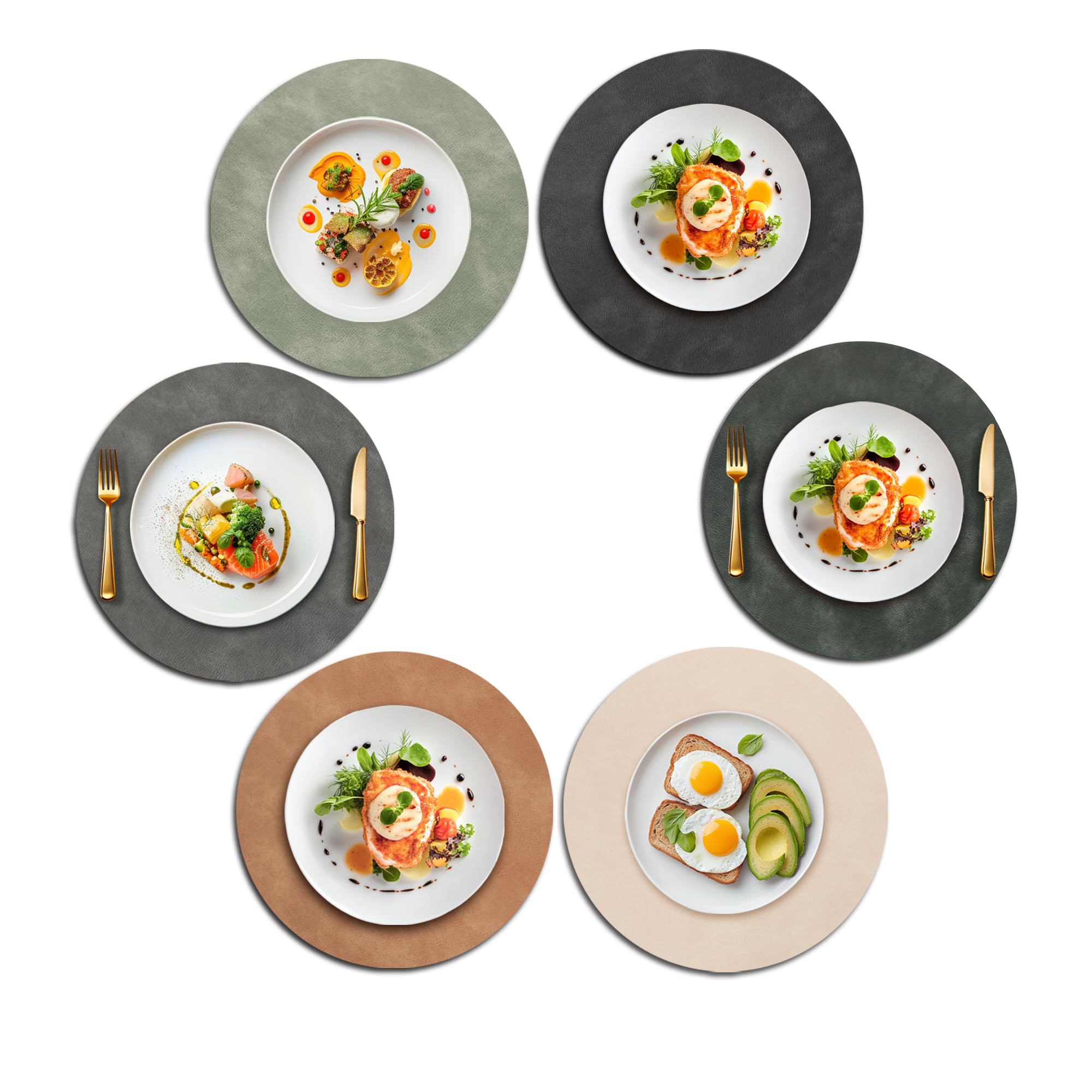 UnivoColors Placemats Round Faux Leather Placemats Set of 6-Waterproof-Wipe Clean-Heat Resistant-Anti Slip Dining Table Place Mats,15".(Dark Gray+Blue Grey+Grey+Camel+Beige+Green)