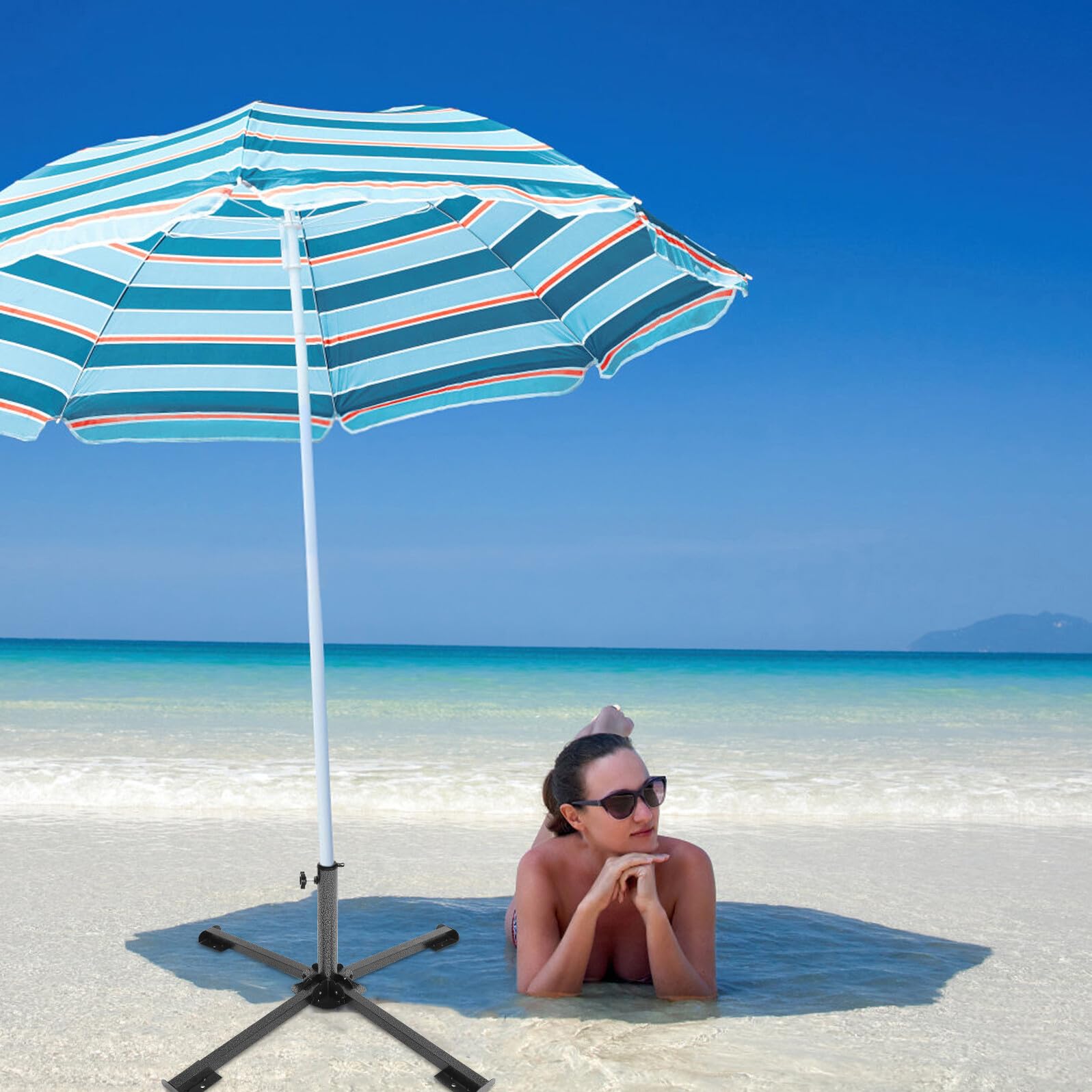 Przenośna podstawa parasola plażowego z czarnego żelaza – stabilny i lekki stojak na parasol ogrodowy, idealny do użytku na zewnątrz, wytrzymała konstrukcja zapewniająca odporność na wiatr