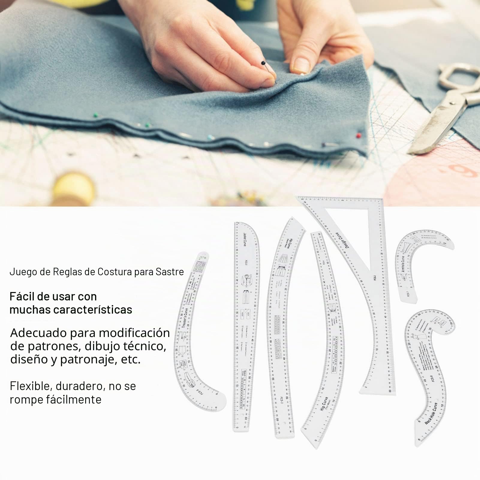 Juego de 7 Reglas de Costura a Medida, Regla Transparente para Hacer Patrones de Sastres, Juego de Reglas Curvas Francesas para Diseño de Moda, Guías de Tela, Dibujo de Patrones
