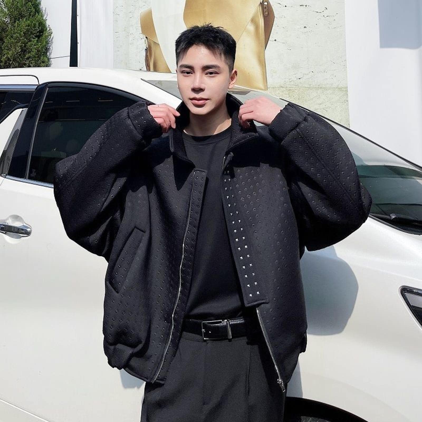 ZXCL Men's Lapel Long Sleeve Oversized Chic Jacket Rivet Design