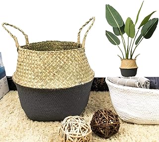 N / A Paniers de Pots de Plantes Panier de Ventre tissé en jonc de mer Panier Pliable décoratif d'intérieur en rotin pour Le Rangement des Jouets Magazine de Pique-Nique et épicerie(Grand, Noir)