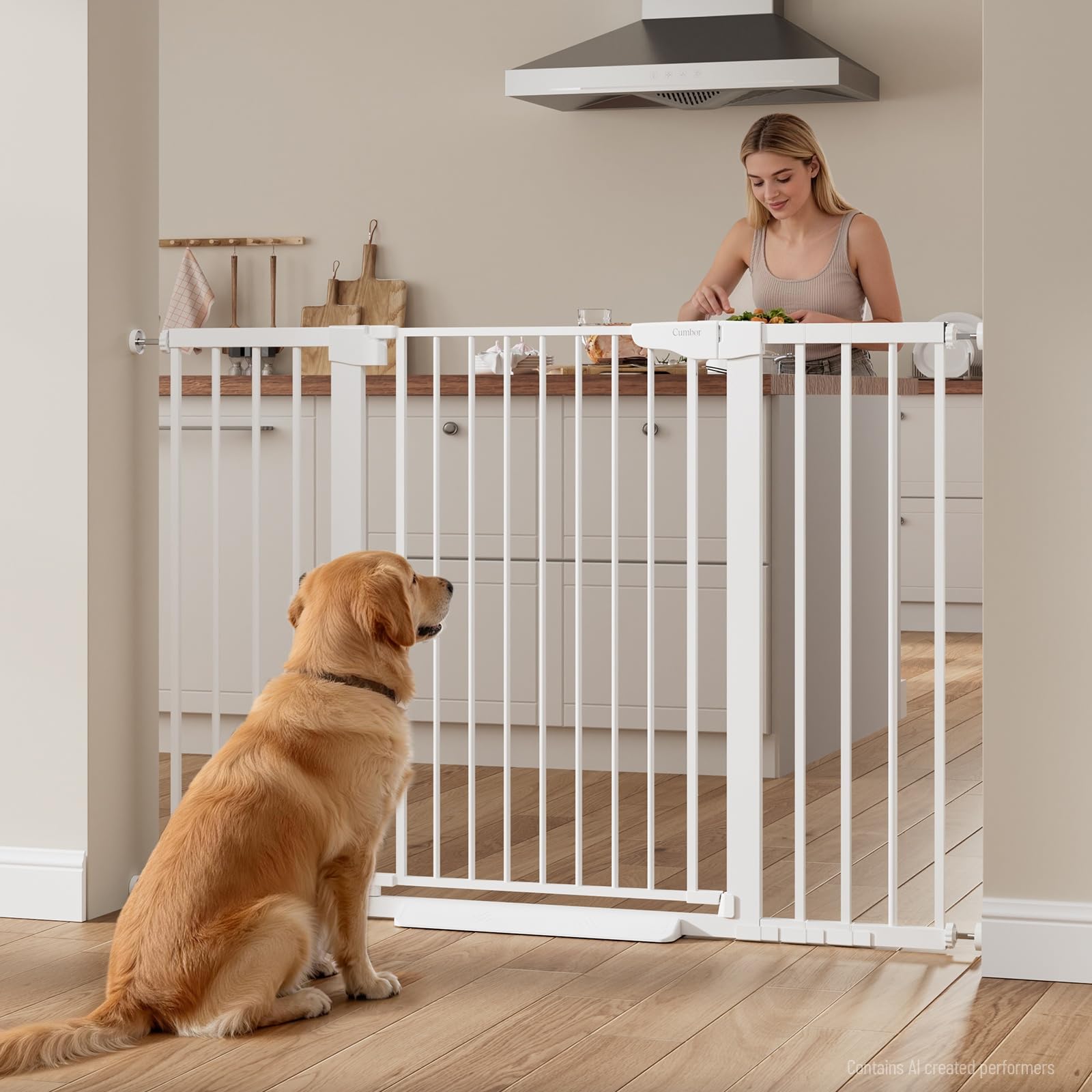 Cumbor 36" Extra Tall Baby Gate, 30-54" Wide Dog Gates for Large Dogs | Dual Lock & Auto Close Pet Gates for Stairs, Doorways & Hallways, Pressure Mounted Safety Proofing for Babies & Pets, White