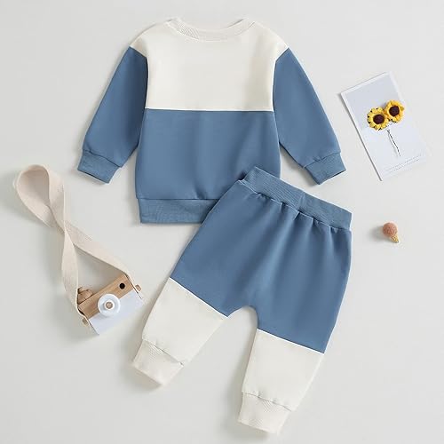 Miniatura 7 de Tsnbre Conjunto de ropa para bebé niño de manga larga con bloques de color, sudadera con pantalones casuales para recién nacido, conjunto de 2 piezas