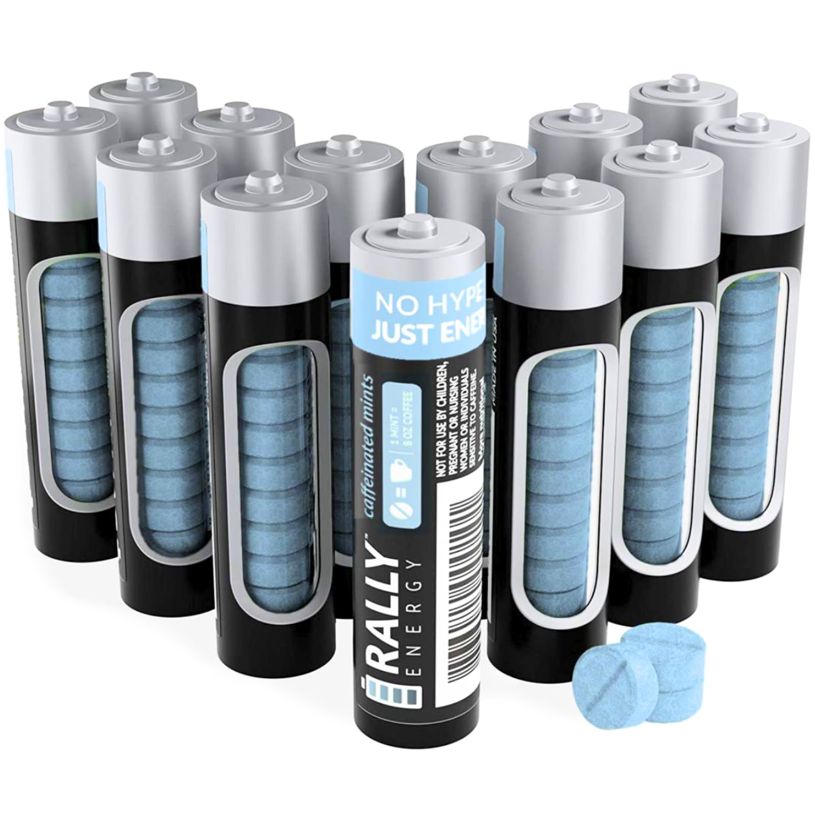 Rally Energy Caffeine Mints, 60milligram Caffeine, Instant Energy, Fresh Breath Caffeinated Minty Candy, 0 Sugar, Natural Wintergreen Flavor (12 Packs, 120 Mints)