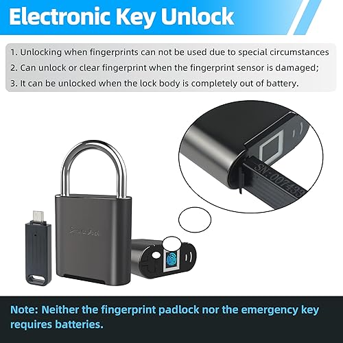 Miniatura 6 de Candado de huellas dactilares, candado biométrico, candado inteligente con llave de emergencia, bloqueo de casillero impermeable para gimnasio,