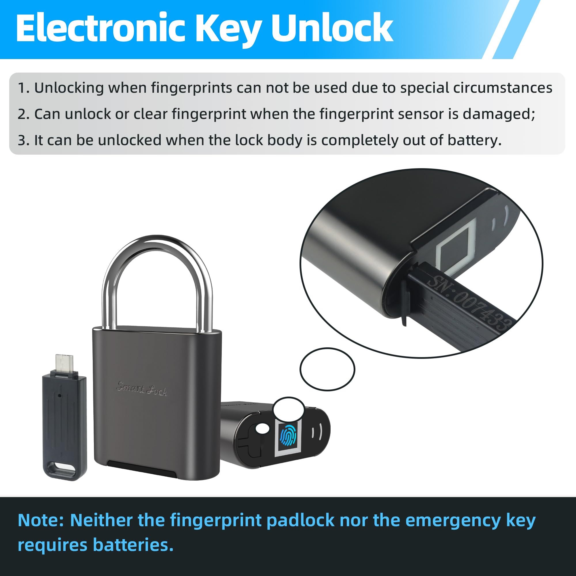 Candado con huella digital, biométrico padlock, candado inteligente con llave de emergencia, candado impermeable para taquillas de gimnasios, escuelas, piscinas y campos deportivos