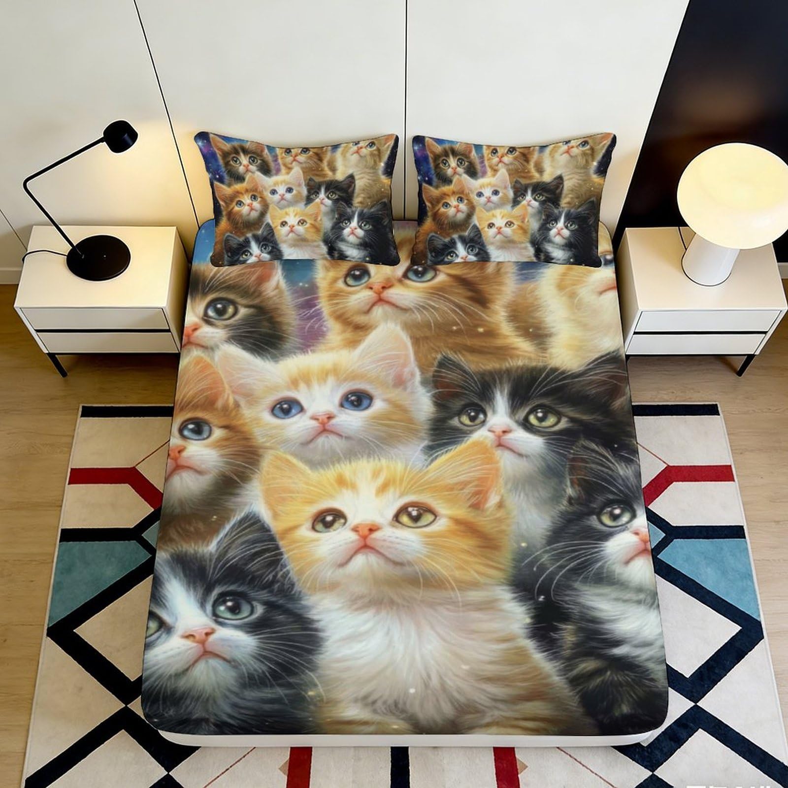 Pnayamiorkfel Style-1 3D Printed Cute Cat Fitted Sheet Microfiber Soft Breathable Kitten Pattern Mattress Cover Bedroom Decor 90X200x25cm