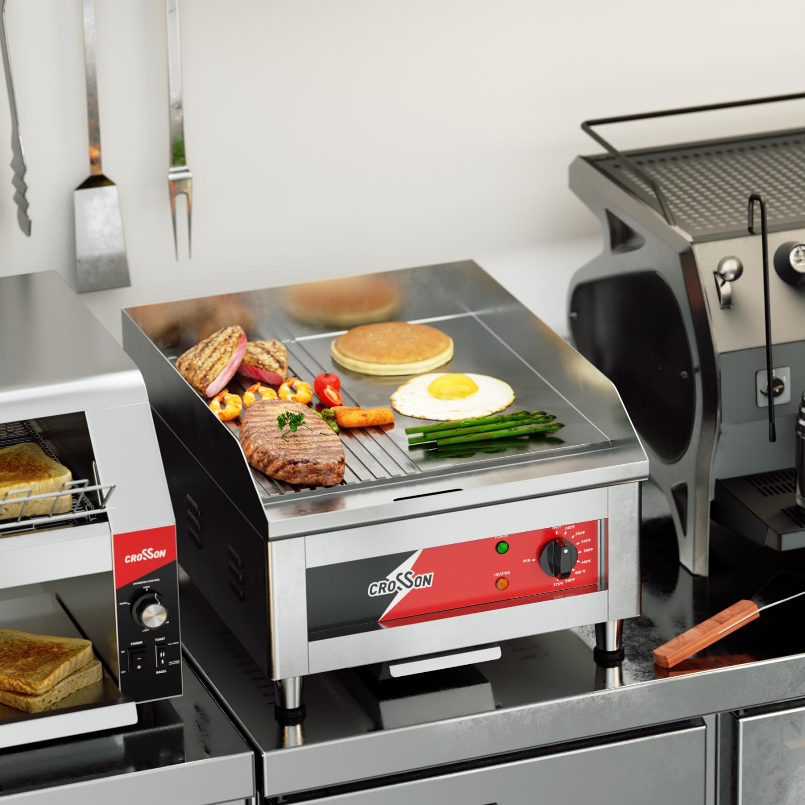 CROSSON Piastra Elettrica per Grigliare Professionale 1750W,40 x 40 CM Piastra Fry Top Elettrica Inox con Scanalatura,Temperatura Regolabile 88-300°C con Spatola per Ristoranti Luoghi Pubblici