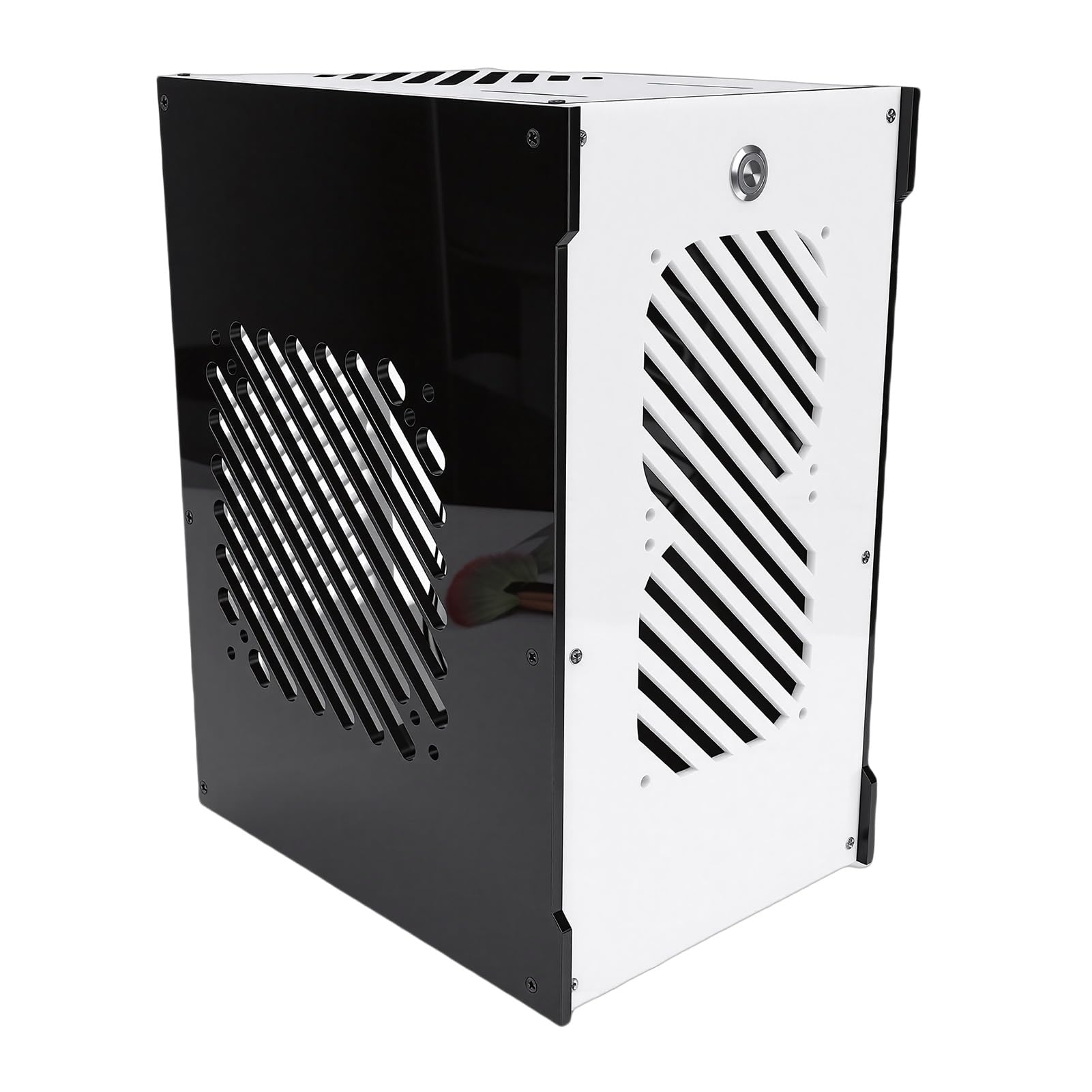 Luocute Mała Obudowa Komputera PC, Obudowa Komputera Stacjonarnego z 4 Dyskami SSD 2,5 Cala, Otwarte, Puste w środku Chłodzenie 360 ​​stopni, Kompaktowa Konstrukcja 10,5 L, z Panelem