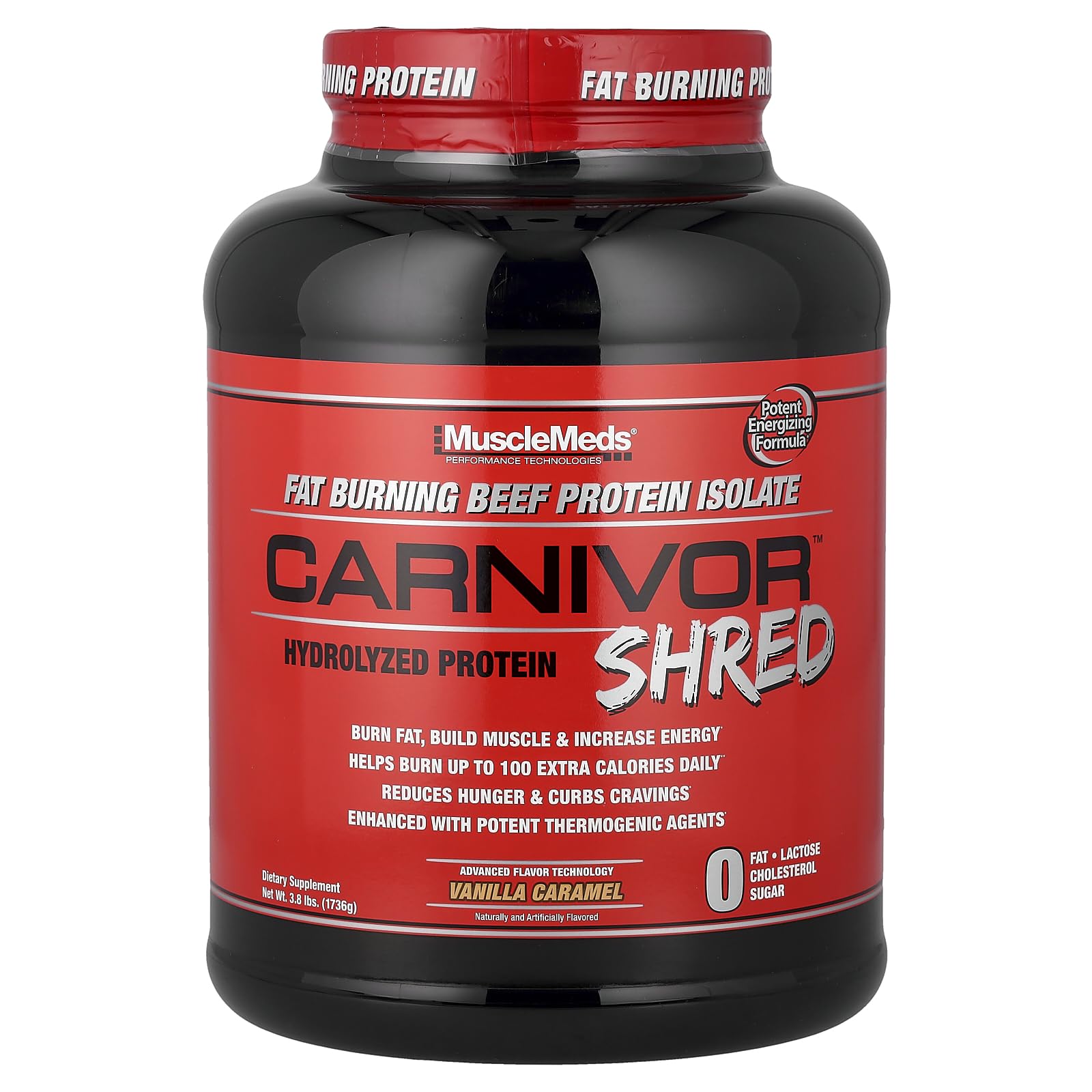 MuscleMeds Carnivor Shred Fat Burning Hydrolized Beef Protein Isolate, 0 Lactose, 0 Sugar, 0 Fat, Halal Certified, Vanilla Caramel, 4 Pound, 56 Servings