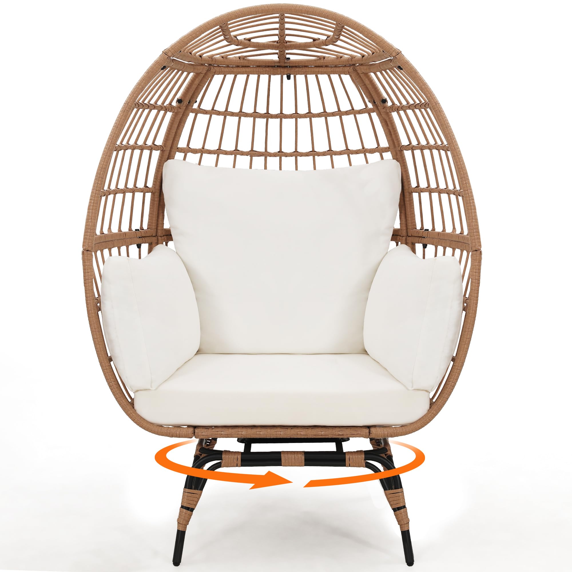 Oversized 360° Swivel Rattan Egg Chair for Adult, Indoor Outdoor Patio Large Wicker Egg Chair with Overstuffed Cushions, 440lb Weight Capacity, Natural Rattan with Beige Cushion