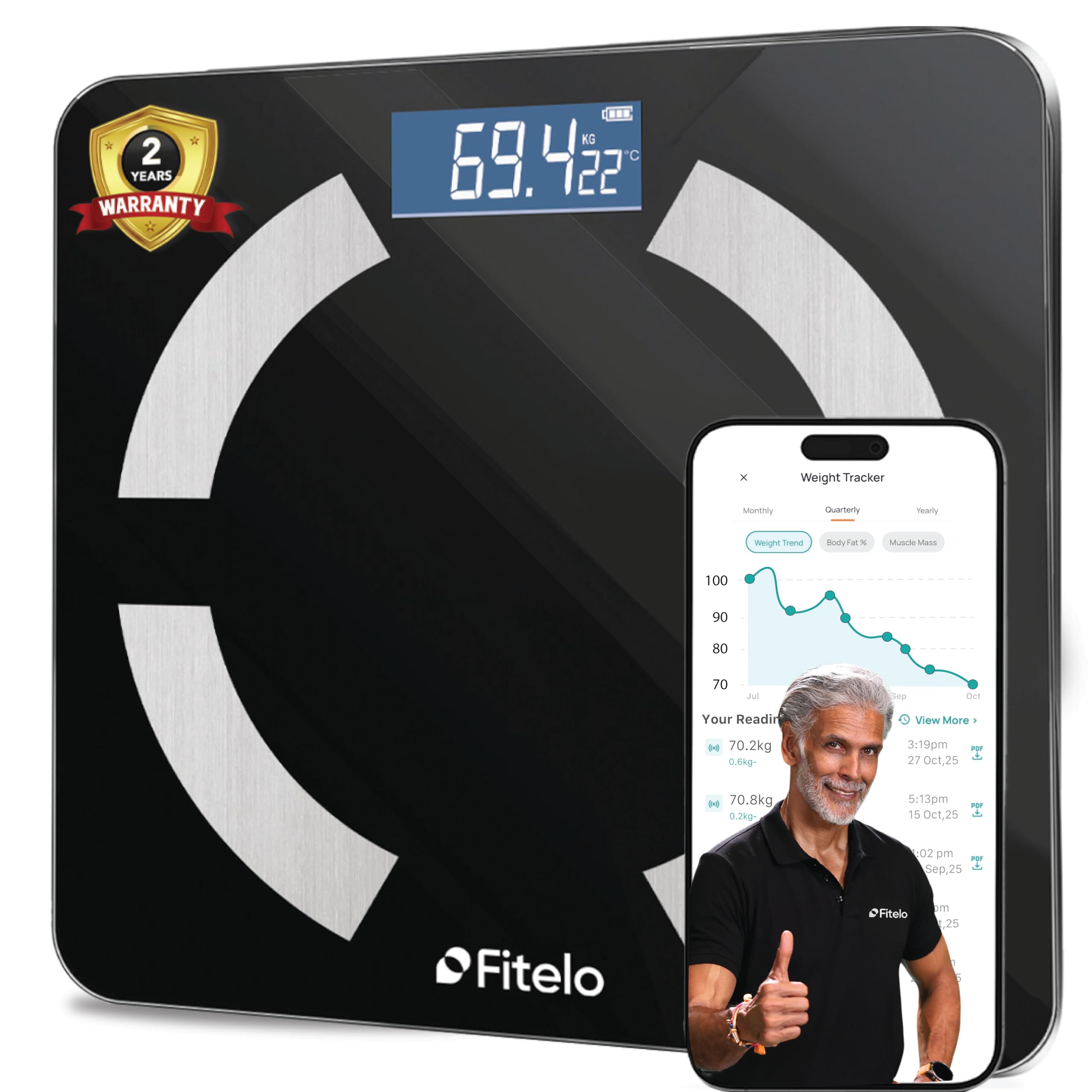 Fitelo Smart BMI Weight Scale (Black) | 18+ Parameters, Body Fat & Muscle Mass | 100+ User Profiles | 2 Yr Warranty | Large Foot Area | Free App Sync & Health Report Card | For Home & Gym Fitness