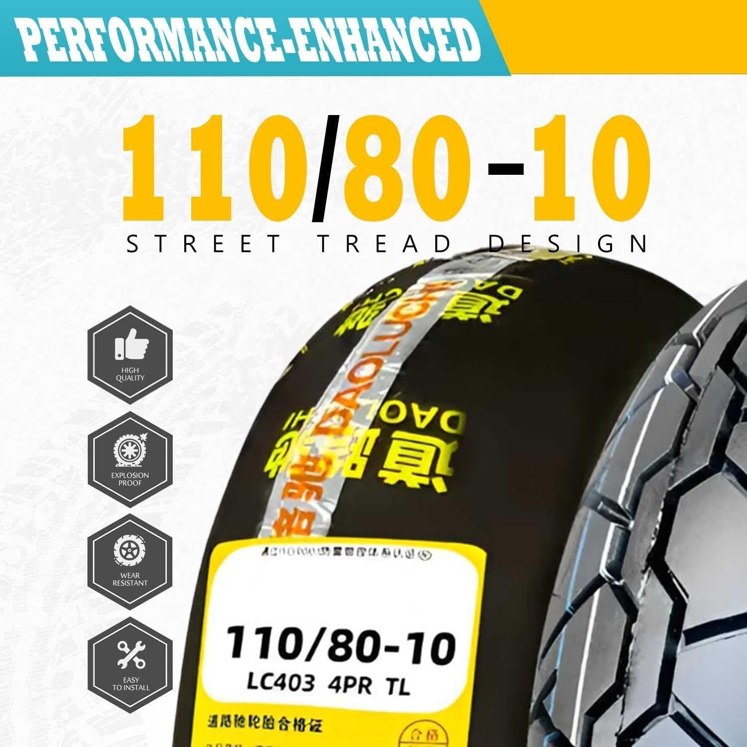 110/80-10 Opona Motocyklowa Bezdętkowa Niski Opór Toczenia, 110/80/10 4PR Indyks Obciążenia 51L, 110 80 10 Trwała Opona 10 Cali do Skutera Przednie Tylne Koło(2pcs)