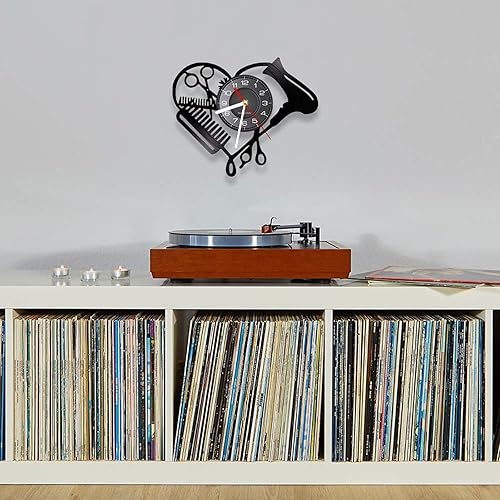 Miniatura 3 de Reloj de pared de 12 pulgadas, herramientas para peluquería, disco de vinilo, reloj de pared, peluquería, peluquería, secador, tijera, peine, diseño