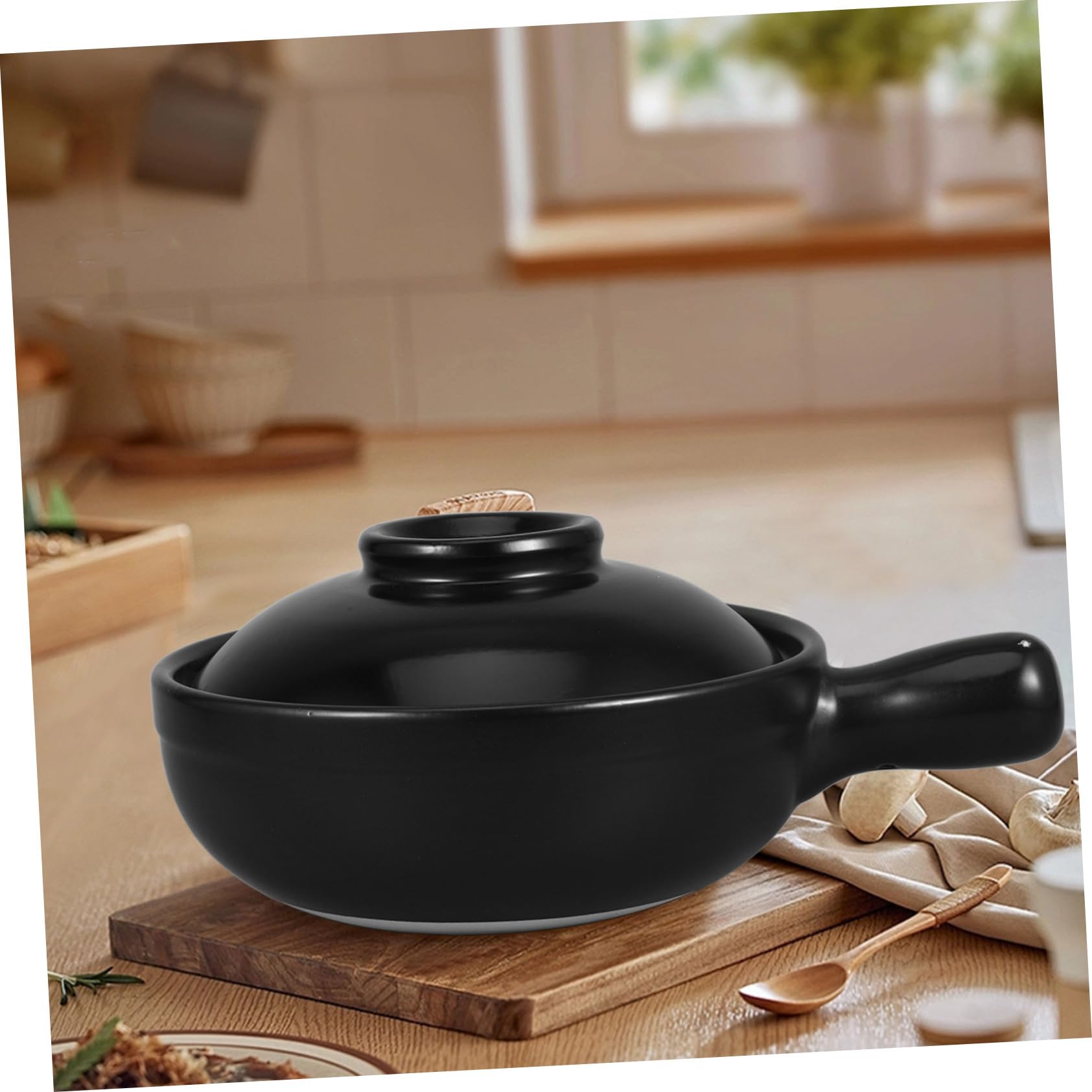 Cazuela de Barro Sola Asa 900ml con Tapa, Cerámica Negra | Recipiente Profundo para Gachas y Guisos, Uso Comercial y Microondas, Fácil de Limpiar