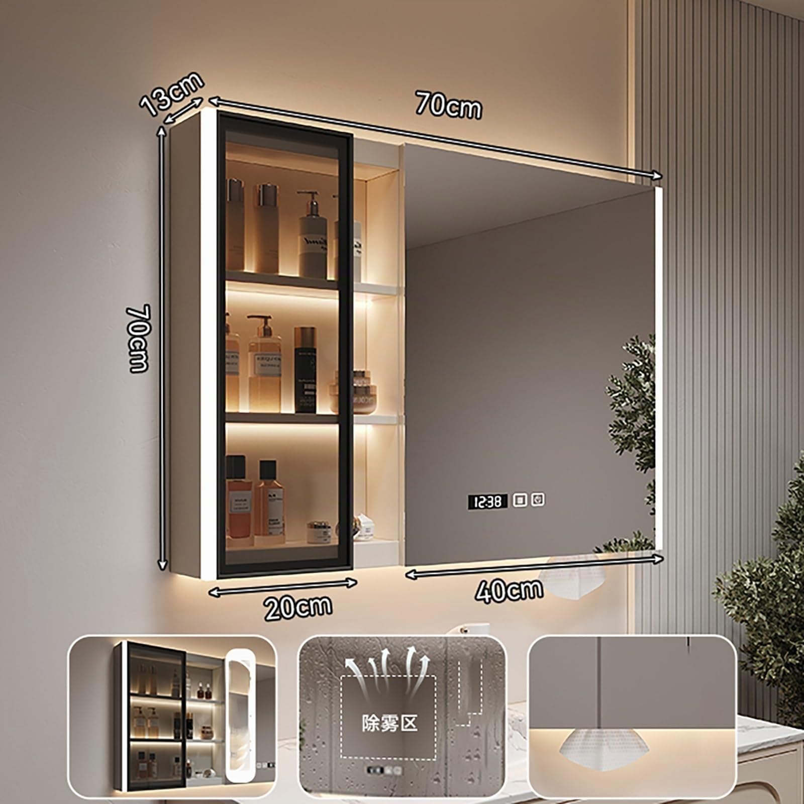 Specchio Da Bagno Con Luce LED, Mobile Bagno Con HD Specchio, Armadietto Da Parete In Alluminio Con Contenitore, Contenitore In Legno Massello(70CM/27.5IN)