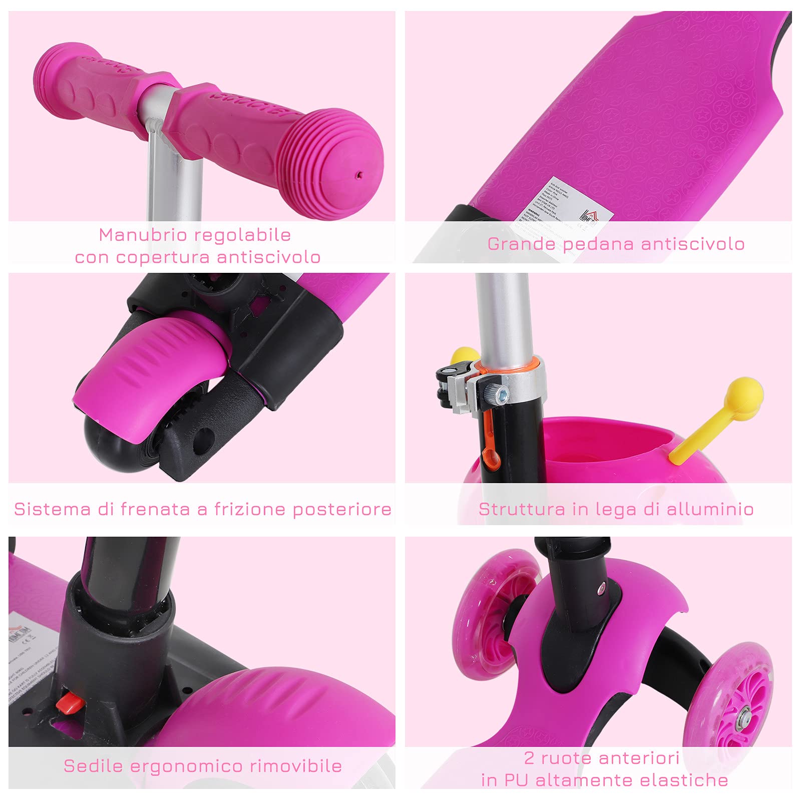 HOMCOM Monopattino 3 Ruote per Bambini con Sedile e Maniglione, Manubrio con Altezza Regolabile, 62x25x72.5cm Rosa