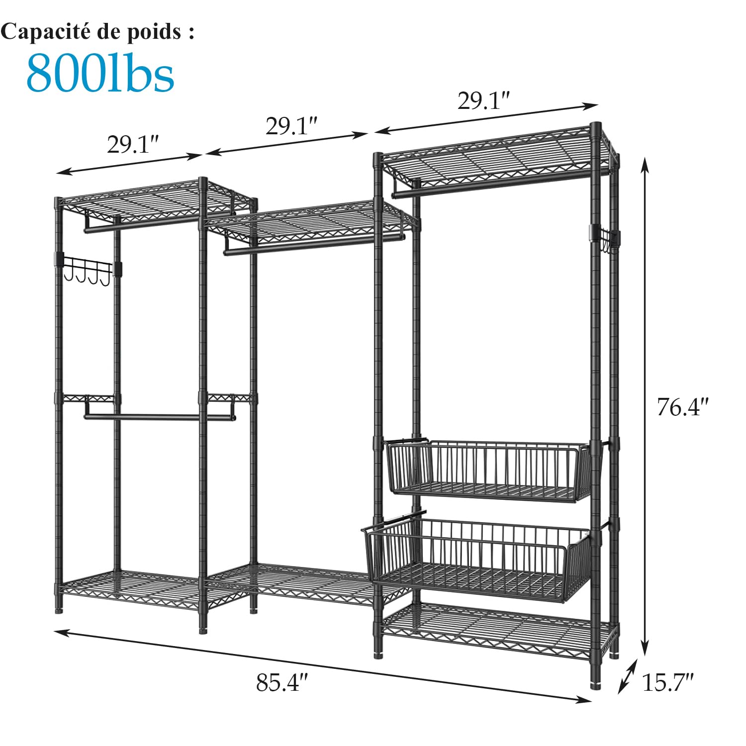 Portant à Vêtements en Métal 108x50CM-Réglable en Hauteur-2 Tringles/Étagère à Chaussures/Clips Antidérapants Noir | Leroy Merlin