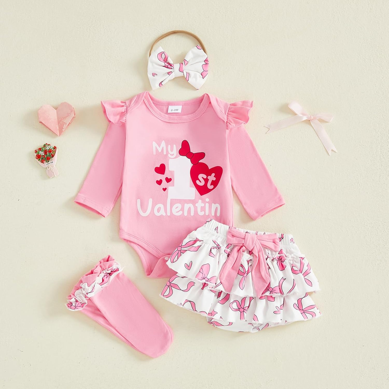 FIOMVA My First Valentines Day Outfits Clothes Dress Baby Girl Bubble Romper+Tiered Ruffle Shorts Blommers Bow Socks Set - Image 4