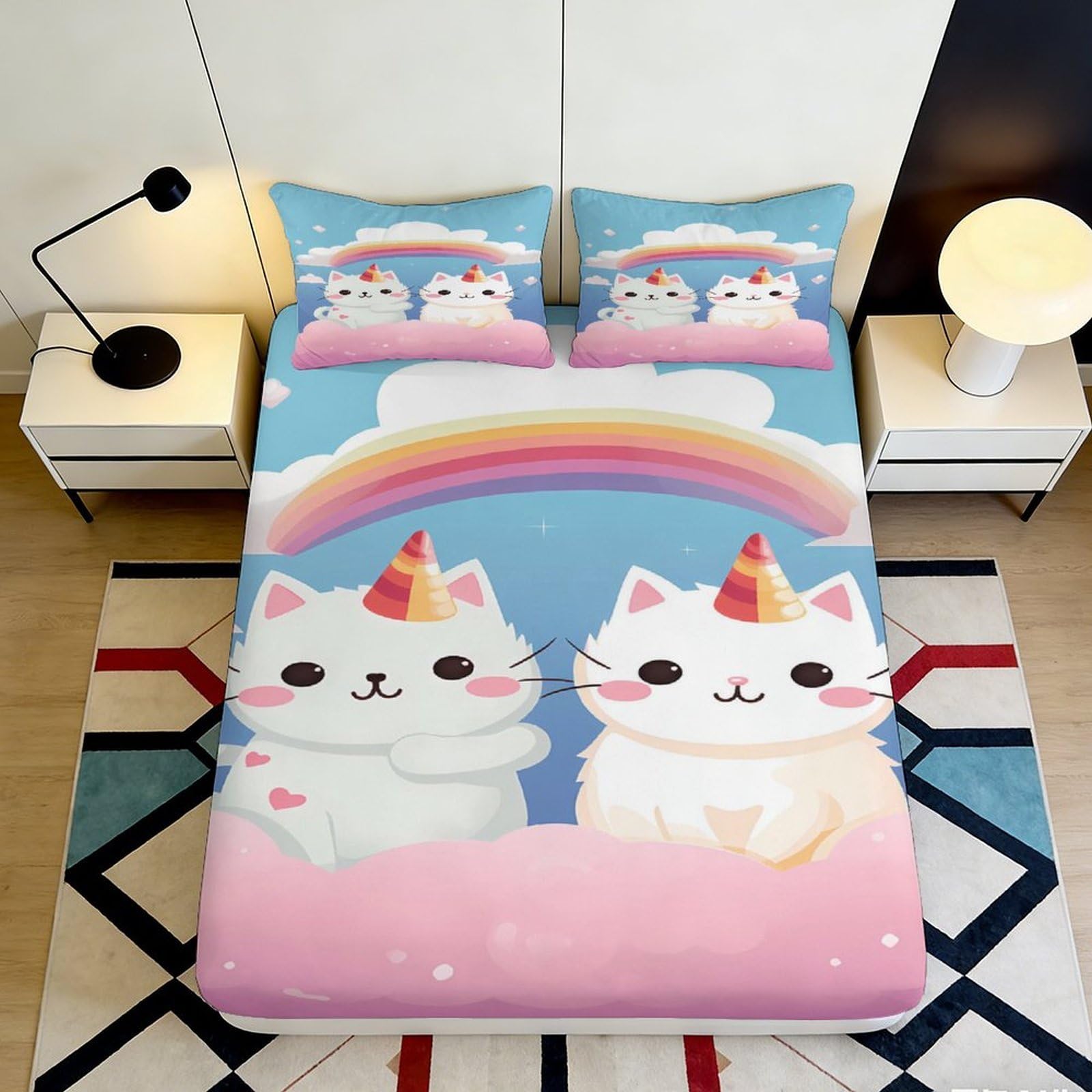 3D Printed Cartoon Cat Rainbow Fitted Sheet Microfiber Soft Pastel Unicorn Bed Cover for Bedroom Dorm Mattress Protection Decor 90x200x25cm