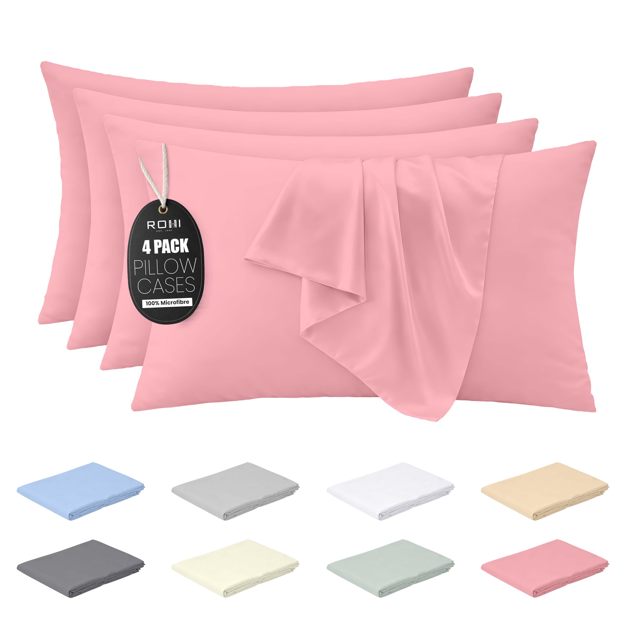 Rohi Pink Microfibre Pillowcases 4 Pack – Soft & Smooth Envelope Closure Pillow Covers – Fade Resistant & Breathable Pillows Cases – Standard Size (50X75 Cm)