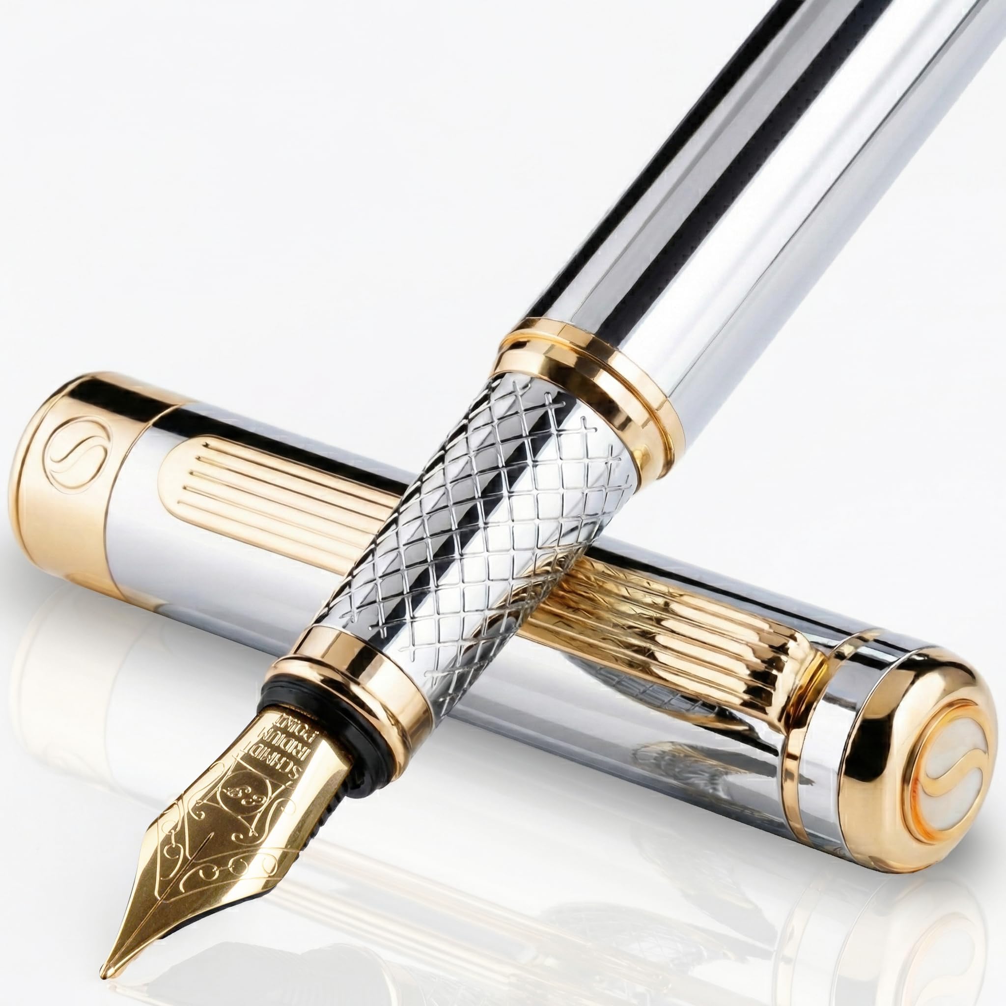 Scriveiner Silver Chrome Fountain Pen - Stunning Luxury Pen, Real Gold Plating, Schmidt Gilded Nib (Extra Fine), Best Gift Set for Men & Women Professional Executive Office Nice Design