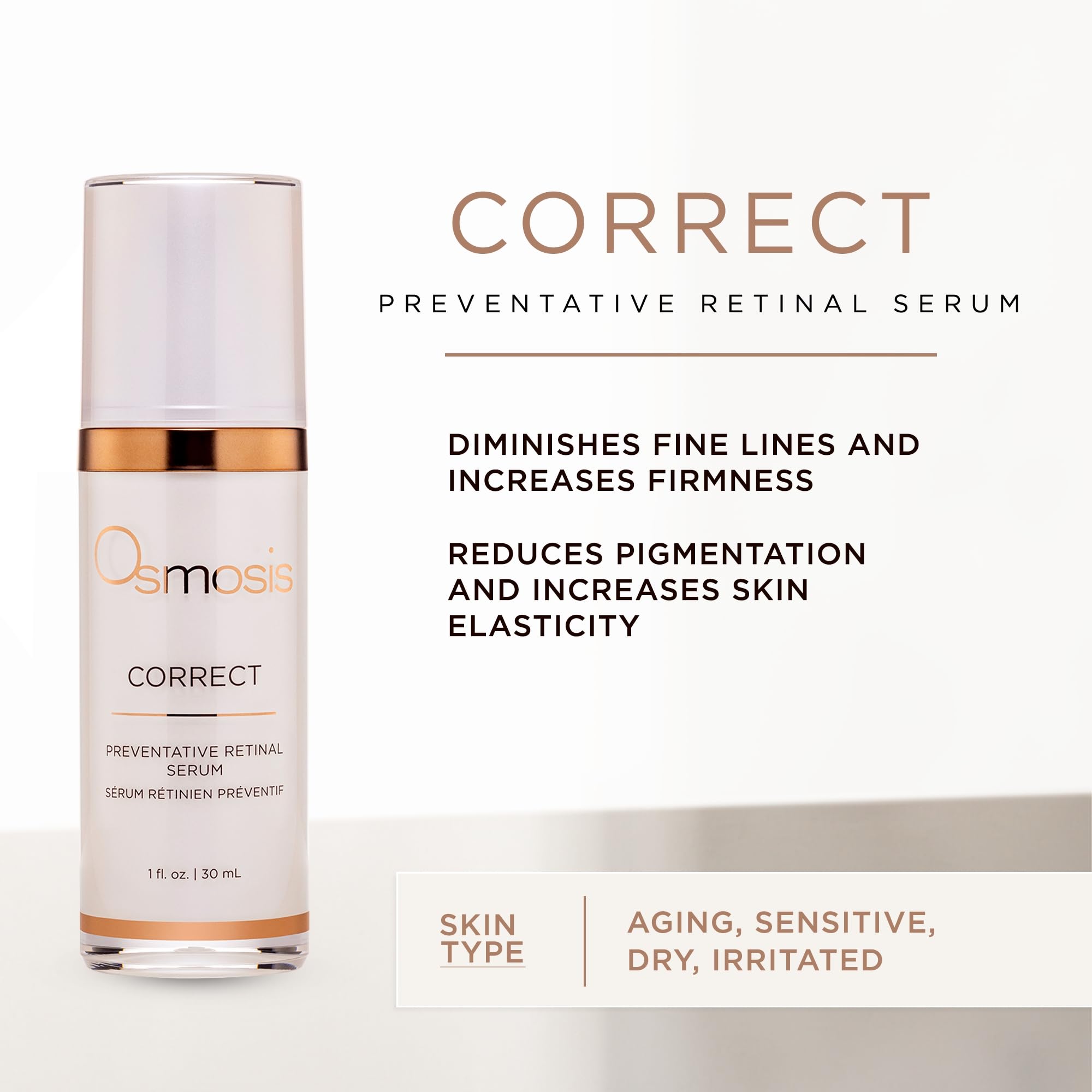 OSMOSIS CORRECT Preventative Retinal Facial Serum, Collagen Booster for Youthful, Radiant Skin for Aging, Pigmented, and Dry Skin, 1 Fl Oz