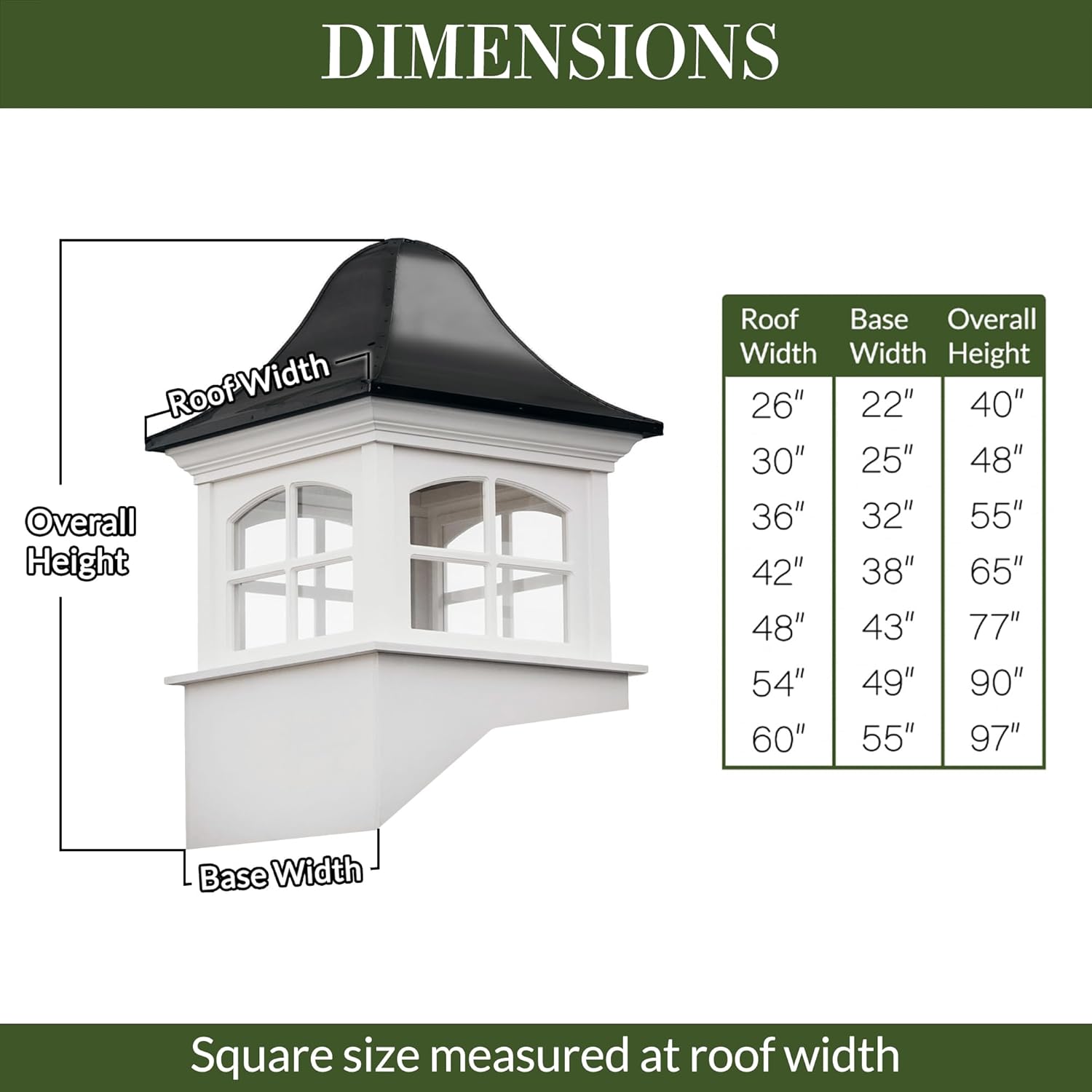 Greenwich Vinyl Cupola with Black Aluminum Roof 26" Square x 41" Height by Good Directions