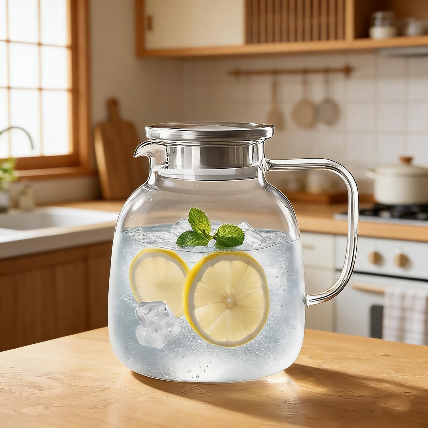 Szklany dzbanek na wodę o dużej pojemności 1850 ml z pokrywką ze stali nierdzewnej, odporny na wysokie temperatury dzbanek ze szkła borokrzemowego do gorącej / zimnej wody, mrożonej herbaty i