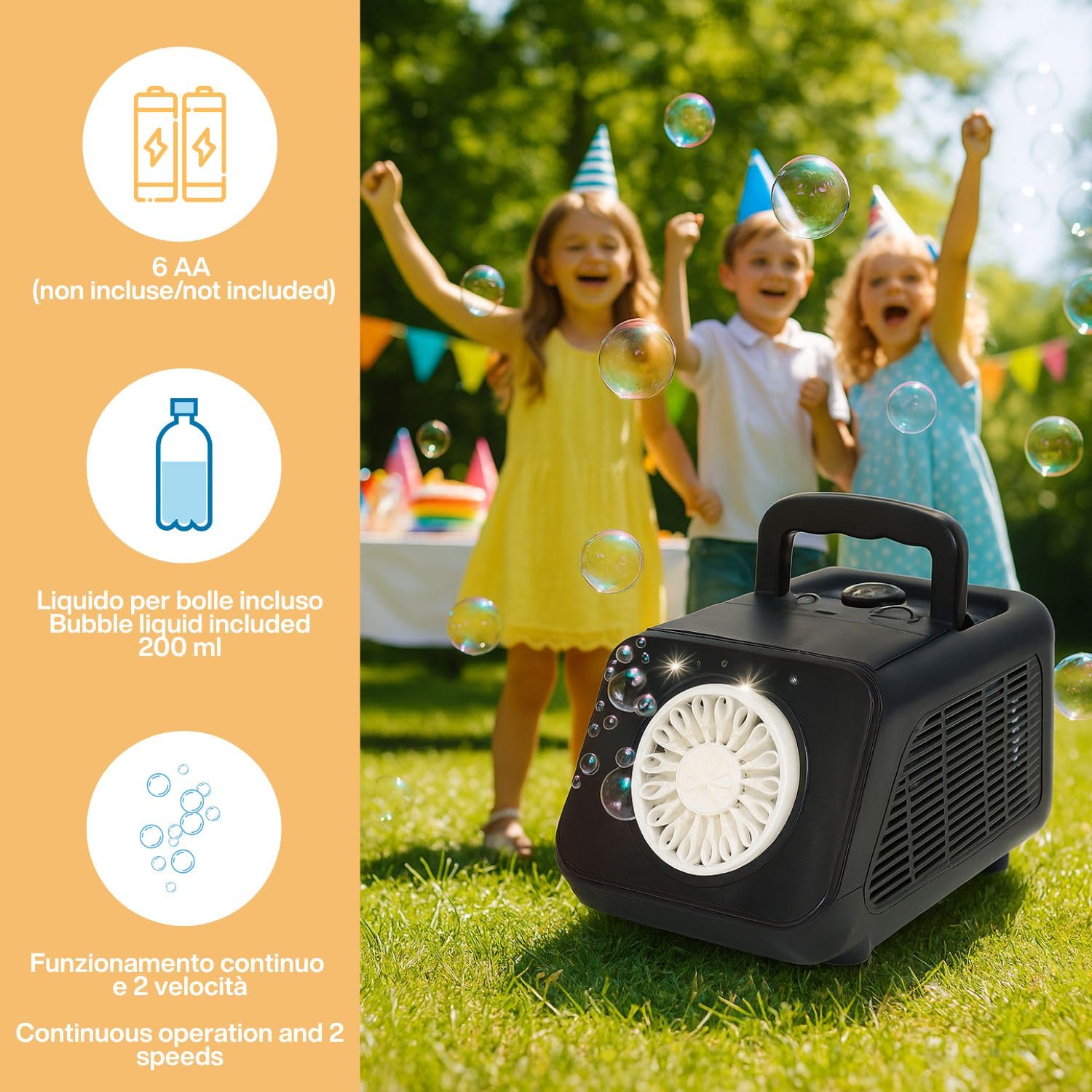 BEPER Macchina per Bolle di Sapone Automatica con Luci LED – 2 Velocità, Funzionamento Continuo – 200ml Liquido Incluso – Giocattolo Estivo per Bambini 36M+ – Funziona a Batterie (Non Incluse)