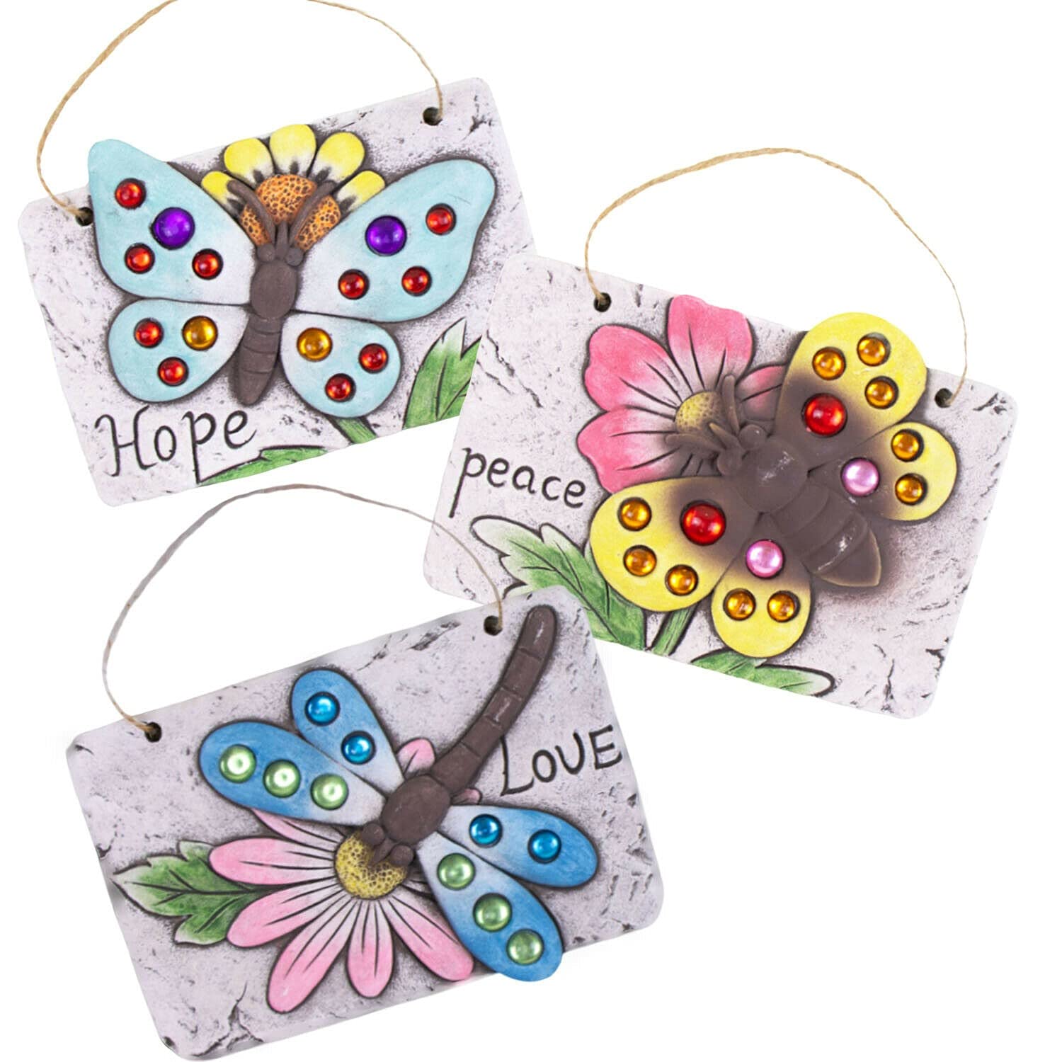 Gem Imports 3X Hanging Cement Garden Plaque | Outdoor Garden Wall Door Sign Love/Peace/Hope | Garden Decor Hanging Wall Ornament Lawn Decorations Plaque