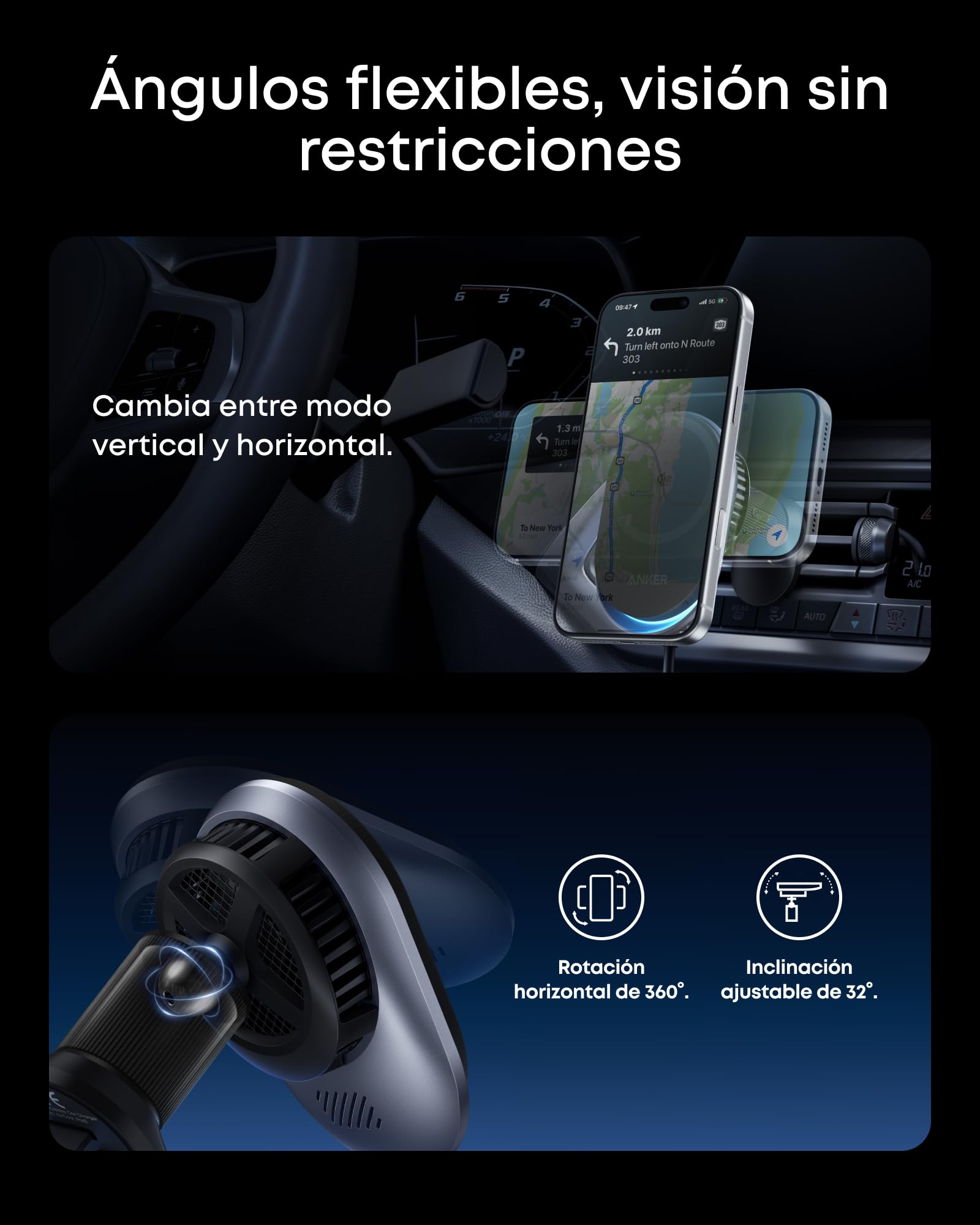 Anker Prime MagSafe Cargador para Coche, certificación Qi2 de 25 W con refrigeración Tec, imanes y Soporte para Rejilla de ventilación para iPhone 17-12 (Incluye Adaptador de 60 W).