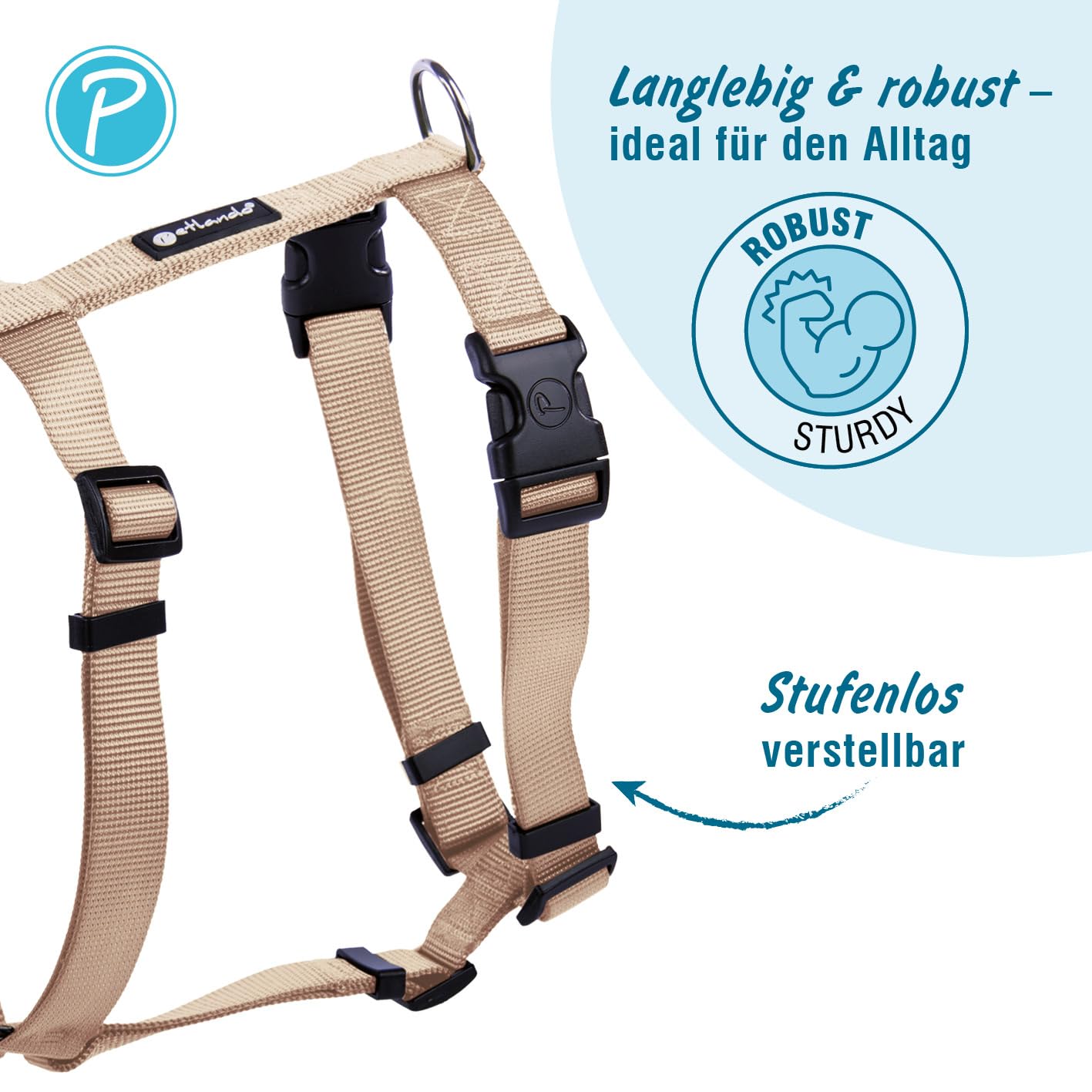 Petlando Hundegeschirr leicht anzulegen, Ohne Über-Kopf-Ziehen, Brustgeschirr stufenlos verstellbar, robust, komfortabel & pflegeleicht, Basic Comfort Geschirr für mittelgroße Hunde, Champagner, M