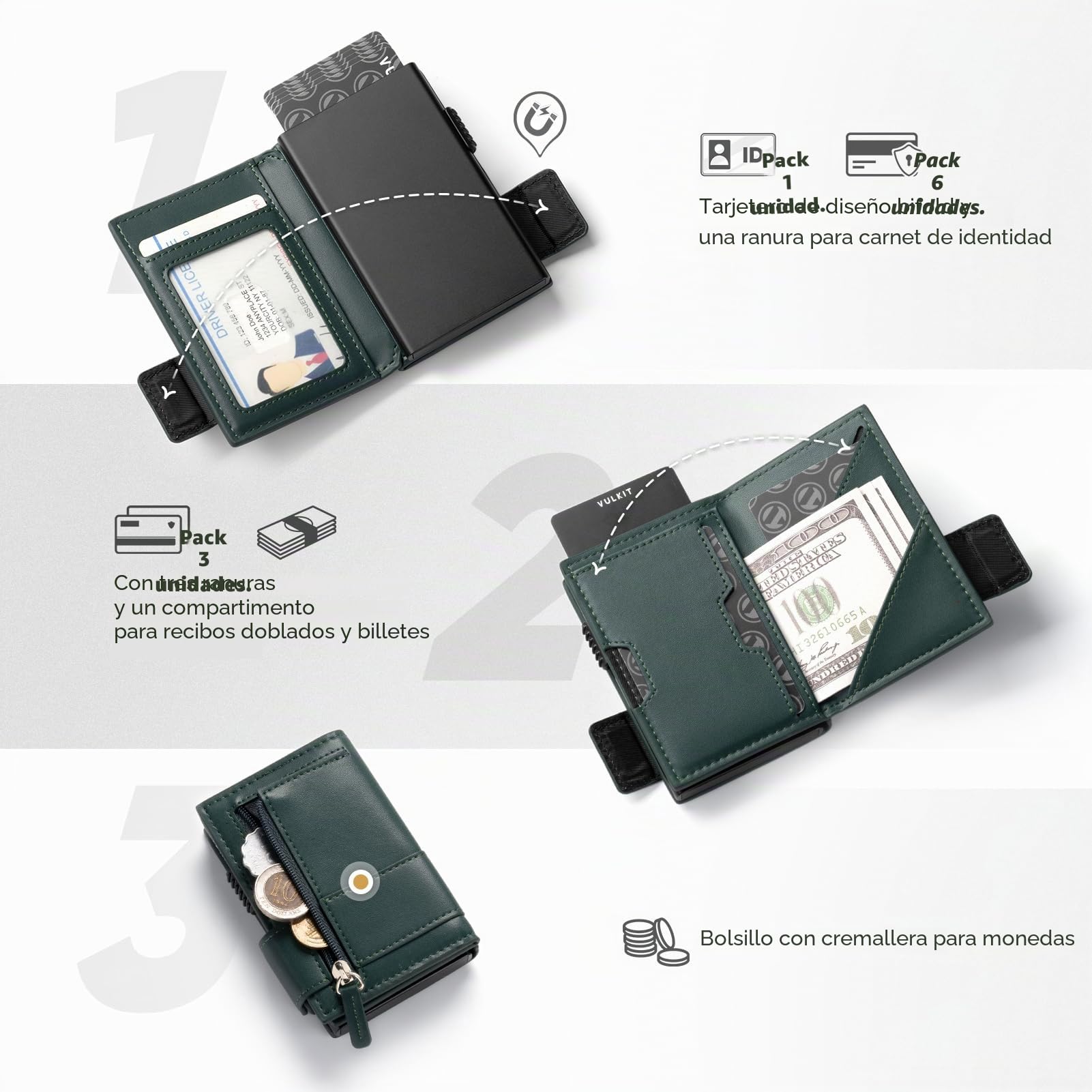 VULKIT Tarjetero Plegable de Piel Cartera para Hombre, Tarjetero de Metal con Bloqueo RFID, para 9 Tarjetas y Billetes, con Ventana para Ranura para Tarjeta de ID y Bolsillo para Moned